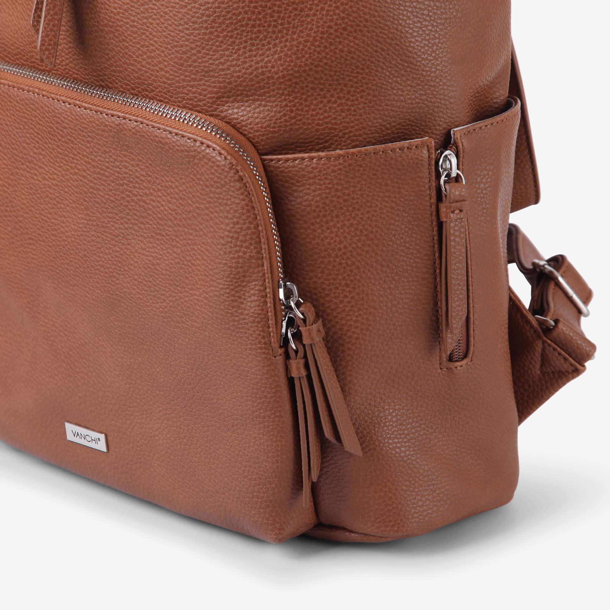 Vanchi Vegan Leather Frankie Everyday Backpack for Women & Men - Pebbled Tan - Stylish Laptop Bag for Work, Travel & College