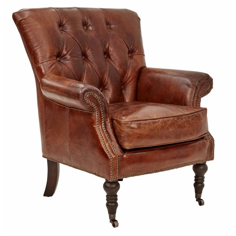 Harry Buttoned Leather Armchair - Aged Brown Distressed Leather Wingback Chair for Living Room, Office & Library - Classic Tufted Chesterfield Style Sofa Chair with Nailhead Trim