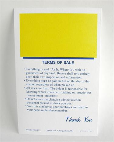 Econo Bid Cards with Terms of Sale - Yellow Square (500/Pack) - Perfect for Auctions, Estate Sales & Fundraising Events