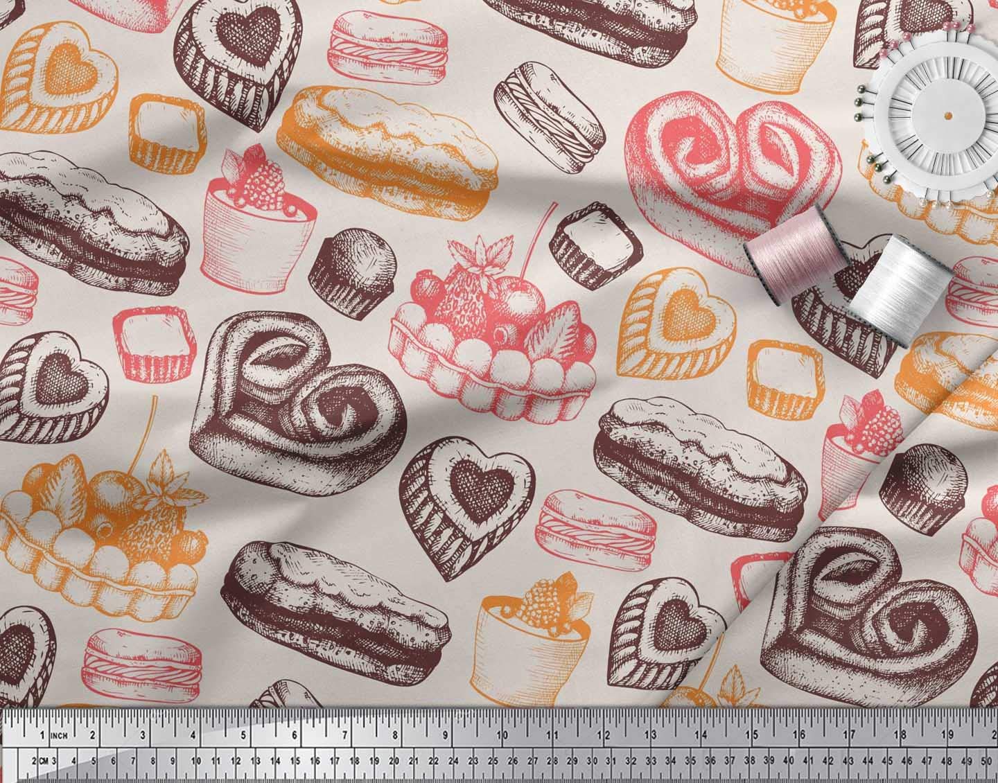 Soimoi Rayon Fabric by the Yard - 42 Inch Wide Burger & Fruit Cake Food Print Fabric for DIY Crafts, Quilting, and Home Decor Projects