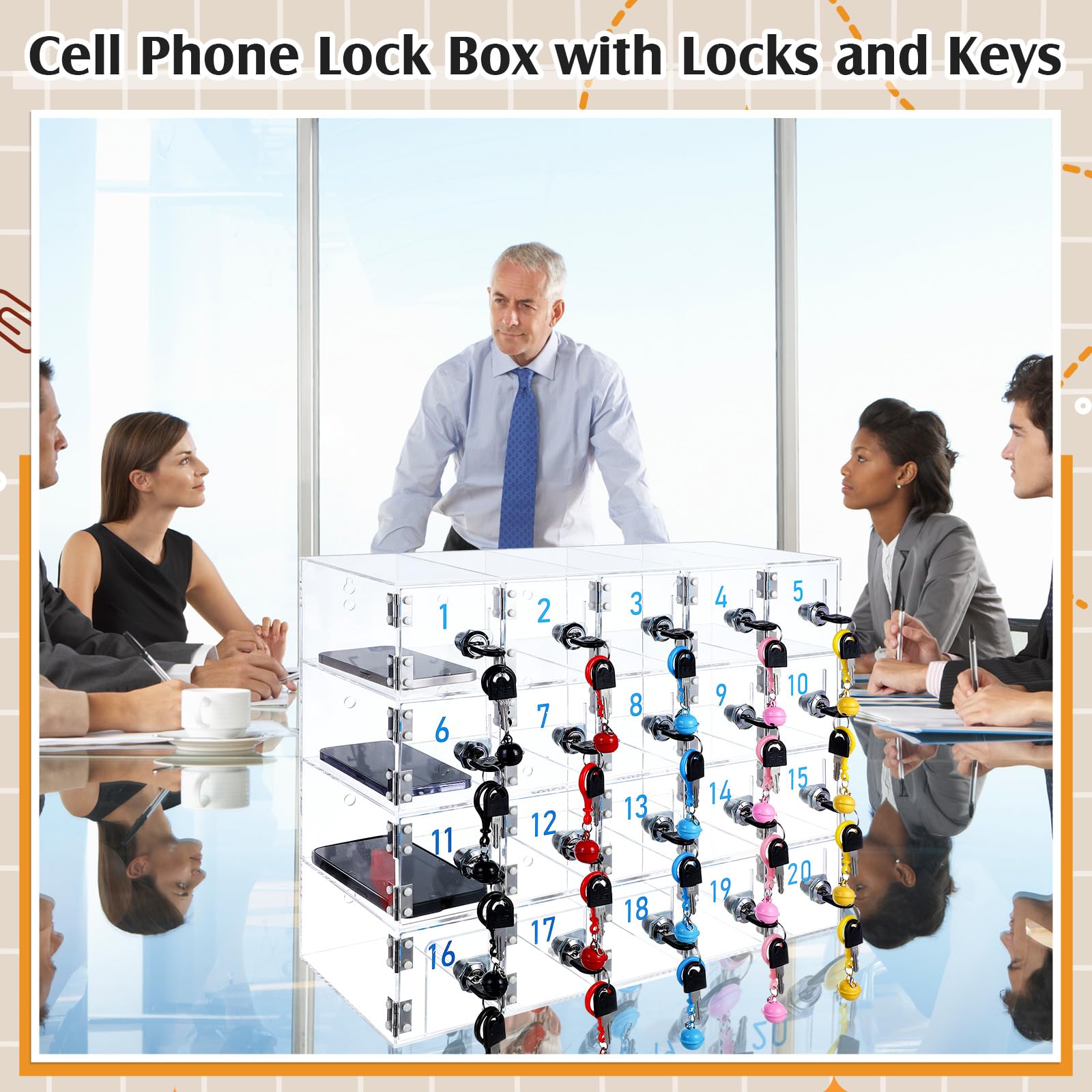 20-Slot Clear Acrylic Cell Phone Locker Cabinet with Charging Ports & Key Locks - Wall Mounted Storage for Classroom, Office, School & Factory - Secure Phone Organization Solution for Employees & Students