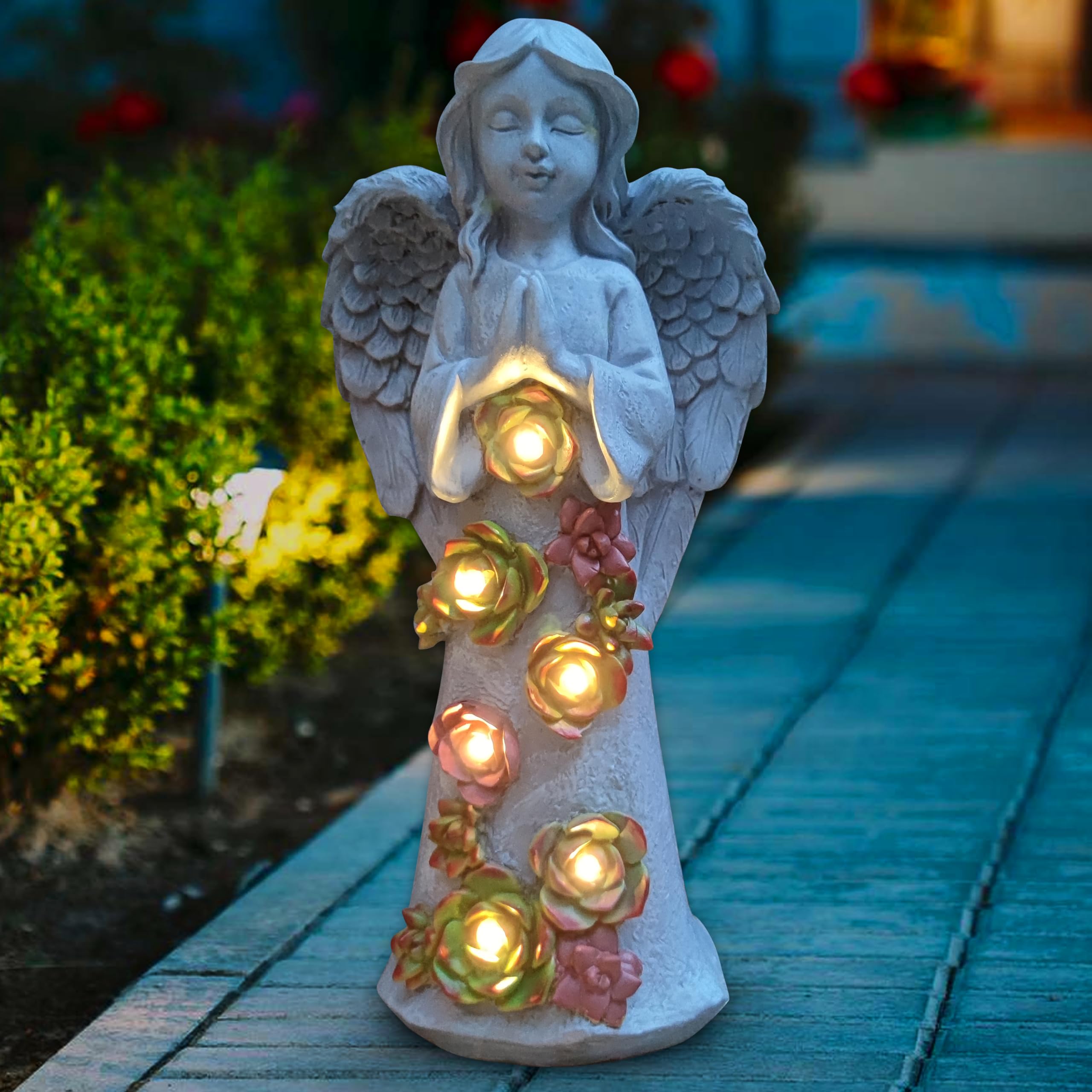 Angel Solar Garden Statues with Succulent Plants & 6 LED Lights - Outdoor Solar Decor Figurines for Patio, Yard, Cemetery - Memorial & Sympathy Gifts for Garden, Home Decor