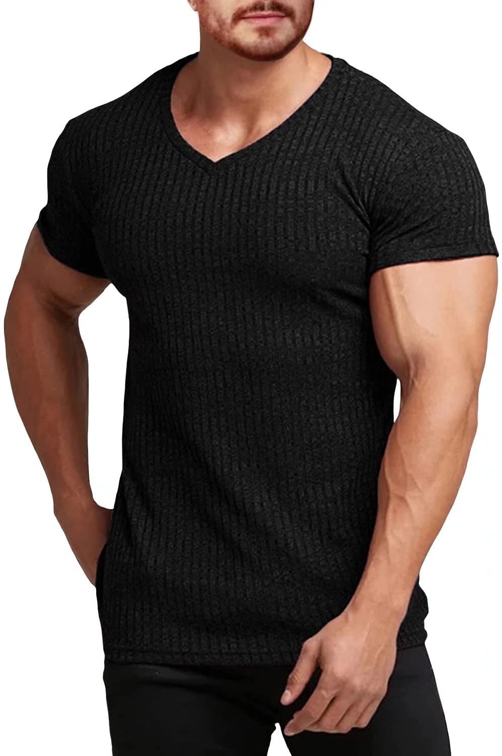 Dokotoo Men's Slim Fit Ribbed Knit T-Shirt - 2023 Summer Short Sleeve Workout Tee for Gym, Running & Casual Wear