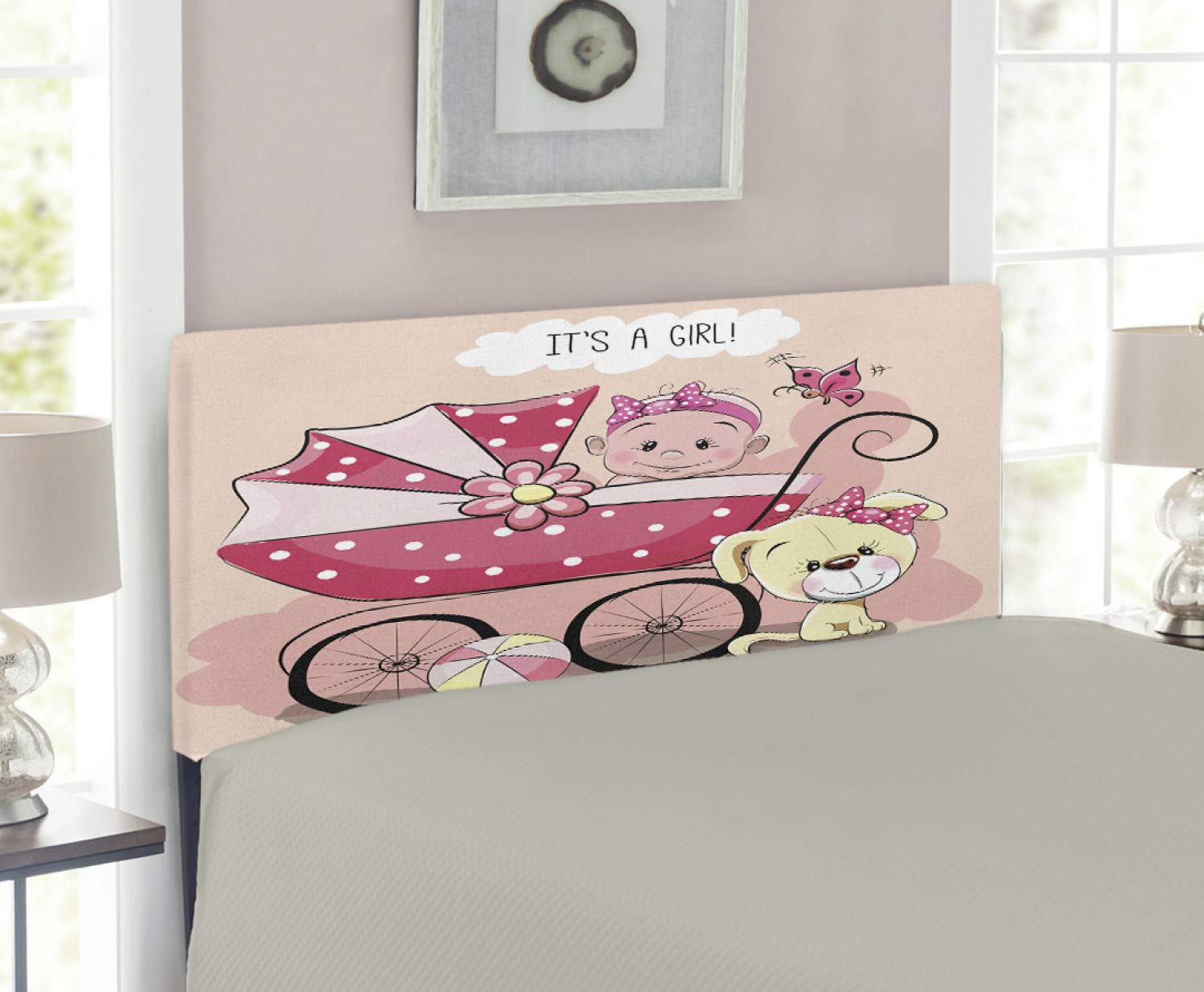 Ambesonne Gender Reveal Upholstered Headboard - Pastel Pink & Yellow Twin Size Memory Foam Bed Headboard for Nursery, Baby Shower or Puppy Welcome Gift | Decorative Metal Frame with Soft Fabric