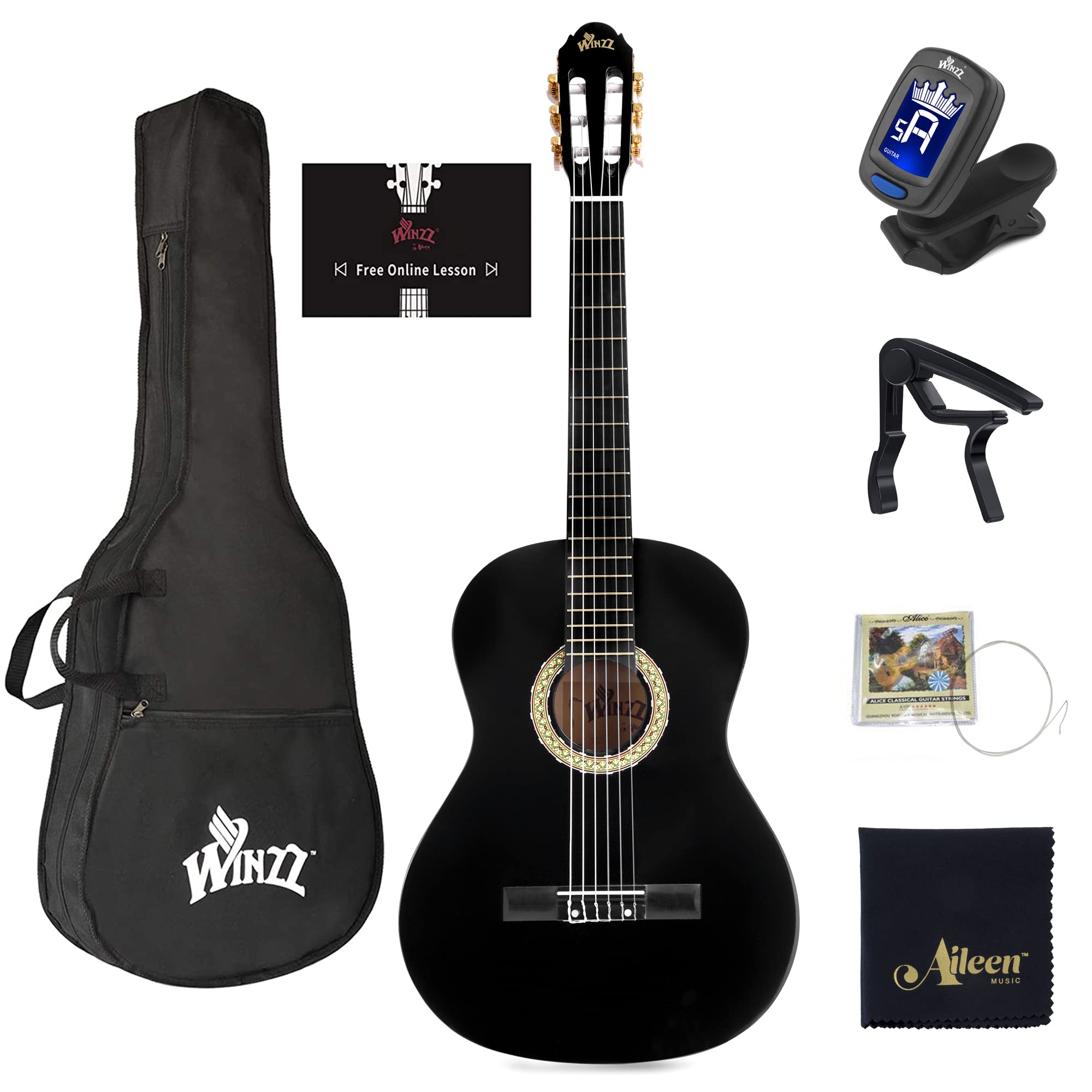 WINZZ 39 Inch Full Size Classical Acoustic Guitar for Beginners - Includes Online Lessons, Gig Bag, Capo, Tuner & Strings (Black) - Perfect for Home Practice, Music Classes & Live Performances