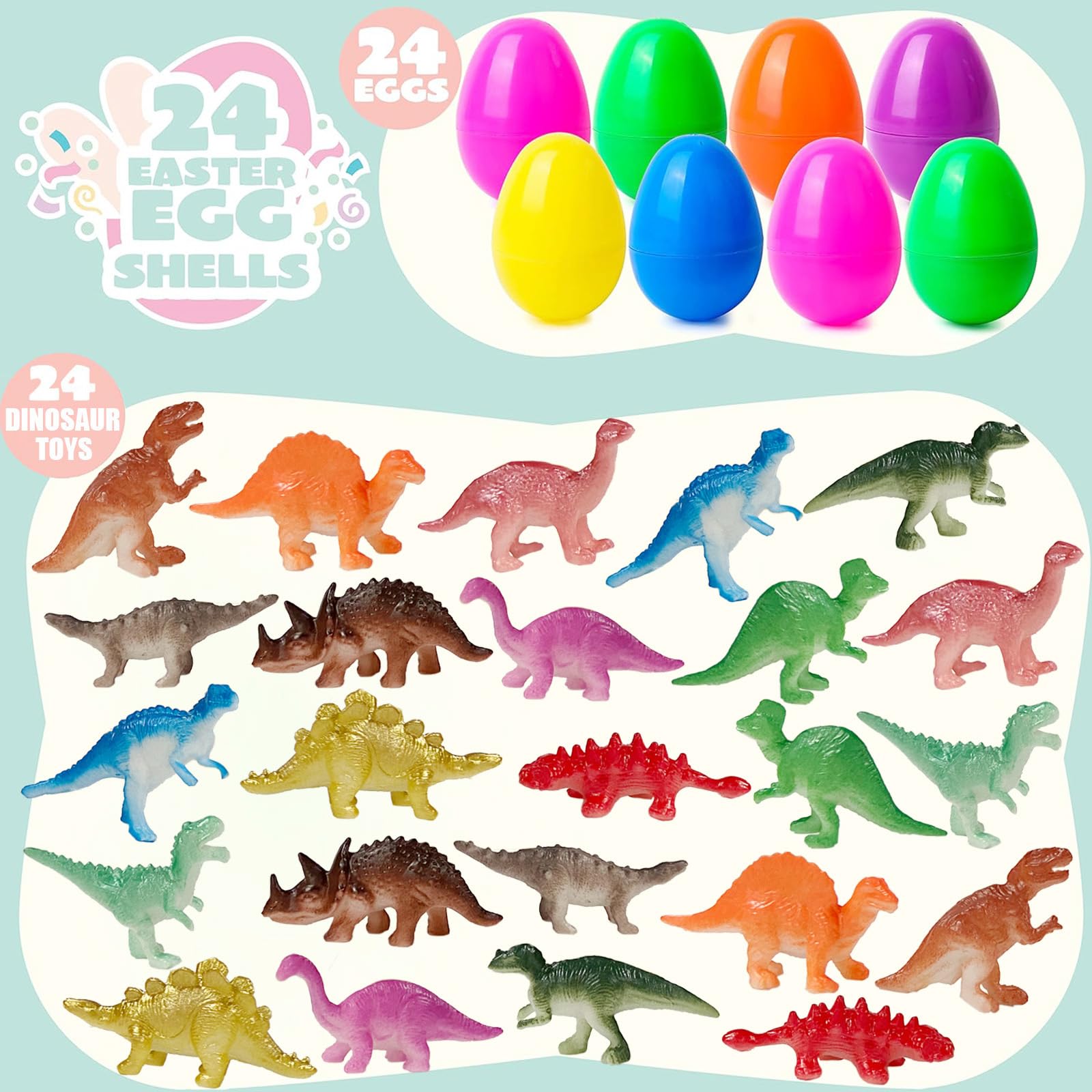 24-Pack Easter Eggs with Dinosaur Toys - Easter Basket Stuffers, Party Favors for Kids, Egg Hunt Fillers & Classroom Prizes - Perfect for Easter Celebrations, Birthday Parties & School Rewards