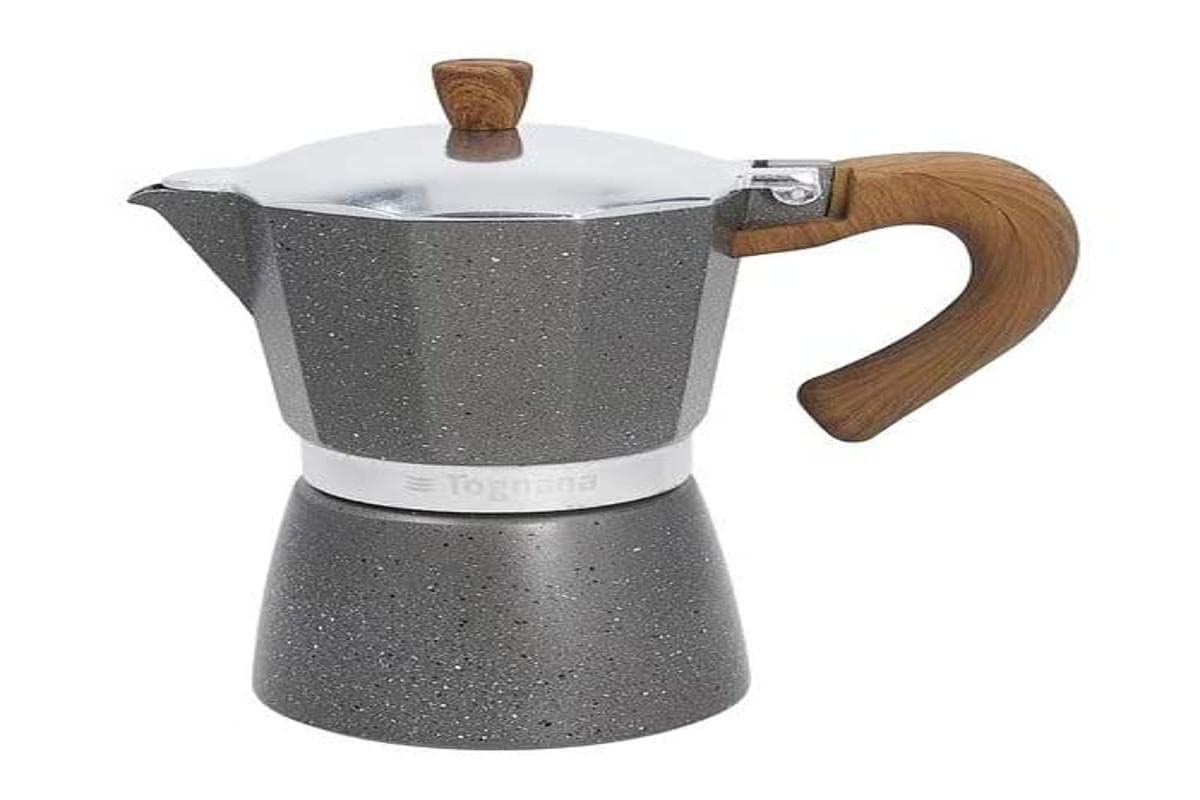 Tognana Stovetop Espresso Maker Moka Pot – 6 Cup Italian Coffee Maker for Stove, Stone & Wood Finish, Gray (V443006MGRW) – Perfect for Home, Office & Camping Brewing
