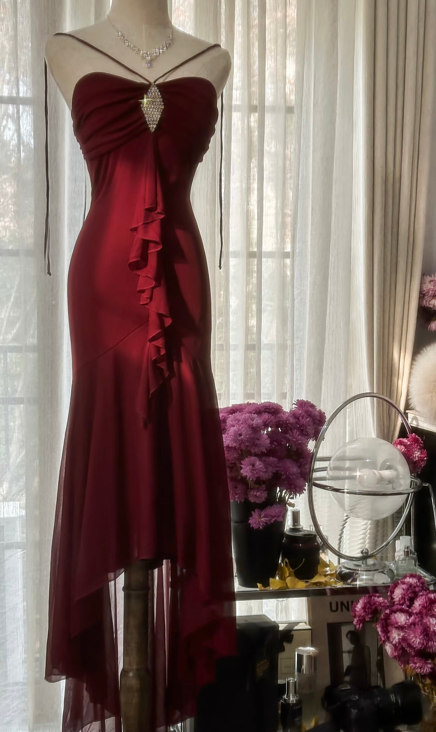 Elegant Burgundy Mermaid Chiffon Prom Dress for Women - Formal Evening Gown with Flowing Train (Style J6112) | Perfect for Homecoming, Prom Night, Wedding Guest & Special Occasions
