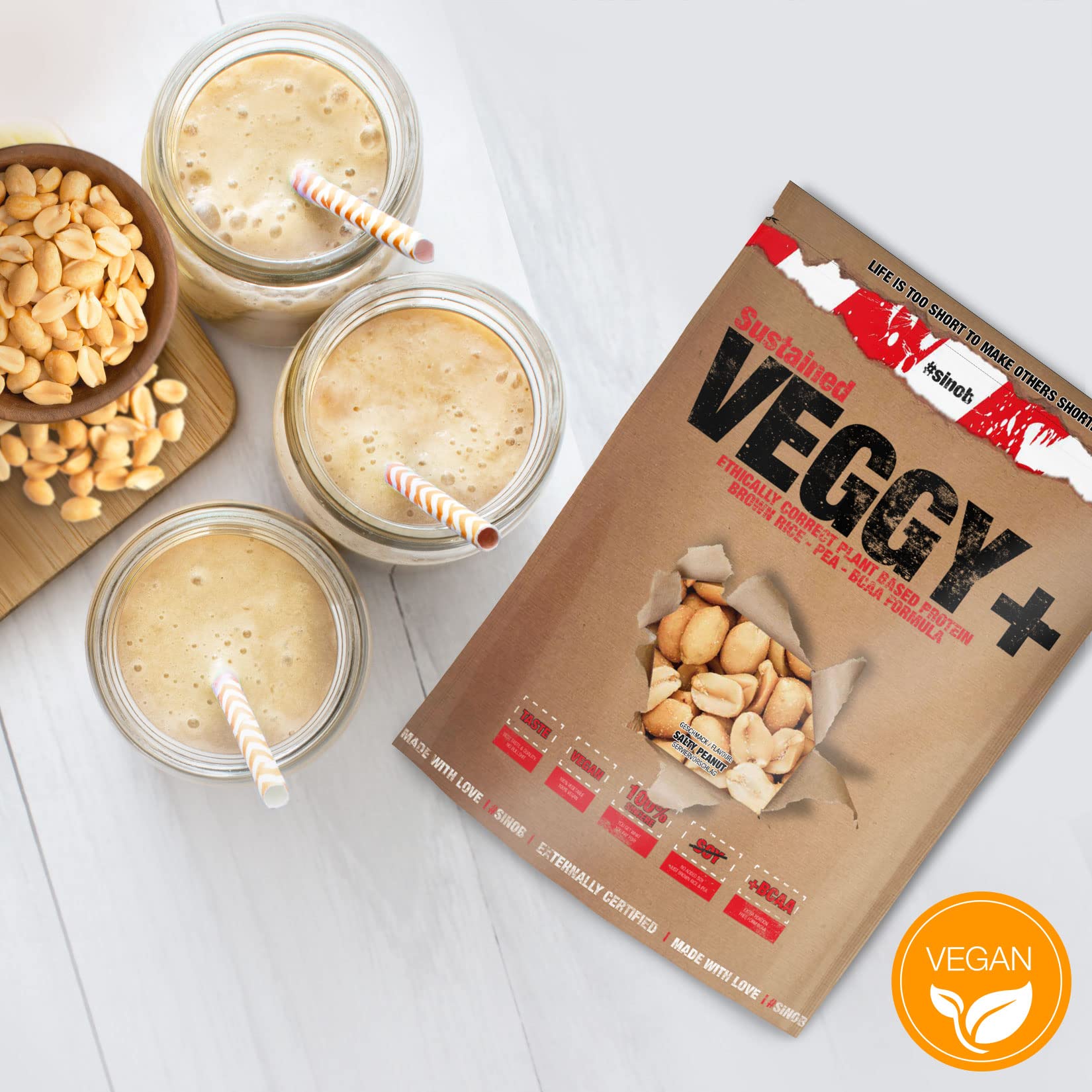 Sinob Veggy Protein Vegan Powder - Salty Peanut Flavor with Rice, Pea & Vegetable Proteins + Vegan BCAA - 900g for Muscle Recovery & Plant-Based Nutrition | Perfect for Smoothies, Baking & Post-Workout