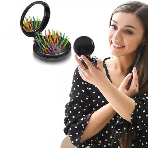 Foldable Travel Hair Comb with Mirror - Black Round Pocket Hairbrush for Women & Men | Perfect for Travel, Makeup, Gifting (Friends, Family, Lovers) | Compact Personal Care Accessory for Purse, Gym Bag & On-the-Go Styling