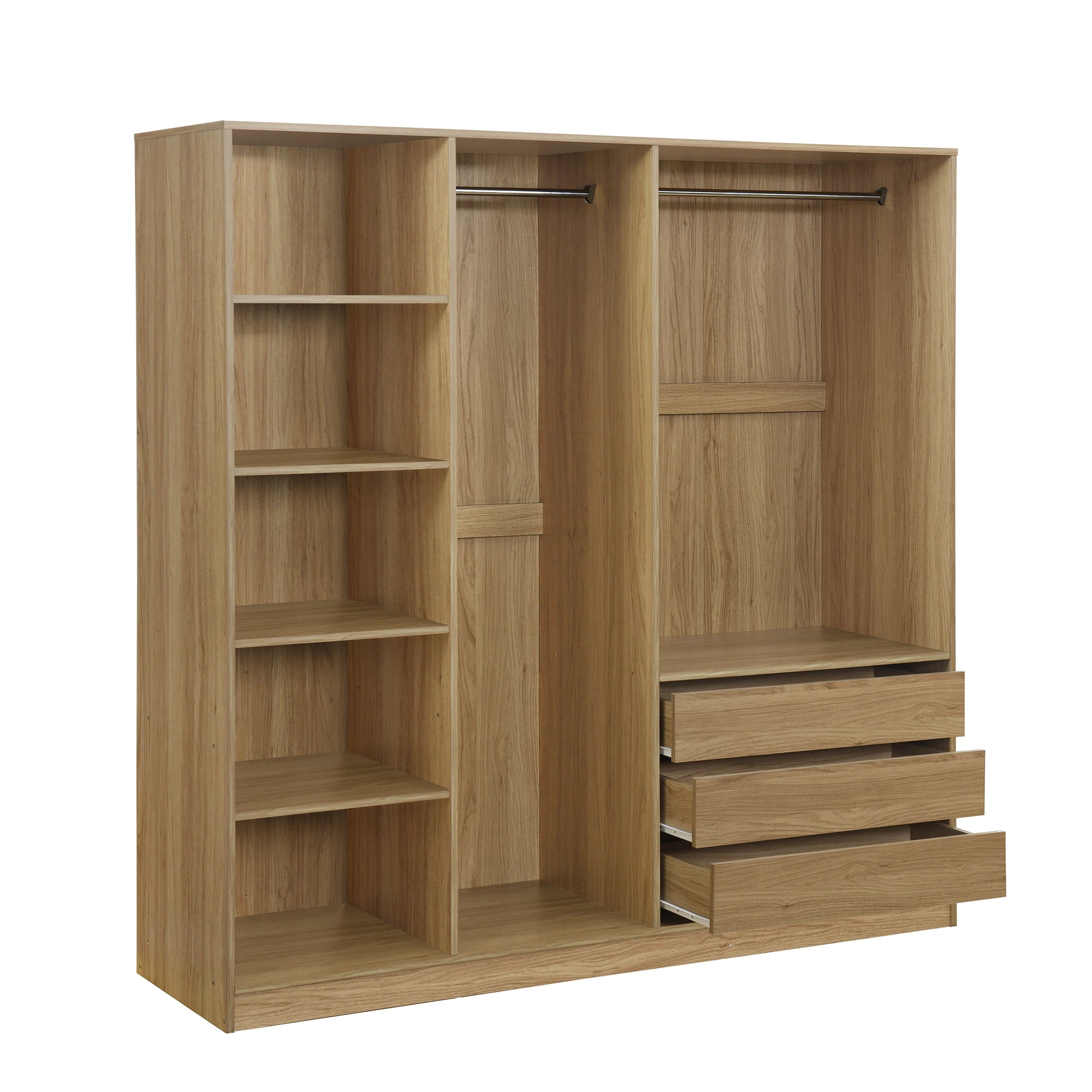 Natural Wooden Doorless Wardrobe with Shelves & 3 Drawers - Bedroom Closet Storage Organizer for Clothes, Shoes & Accessories | Perfect for Small Spaces & Modern Home Decor