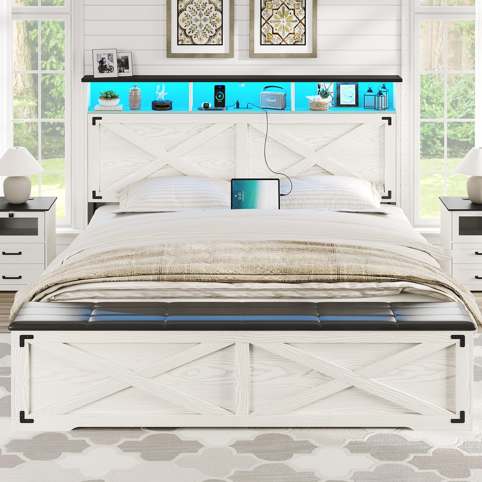 Farmhouse Queen Size Bed Frame with Storage Headboard & Ottoman - USB Charging Station, LED Lights, Metal Slats Support, No Box Spring Needed (Antique White) - Perfect for Small Bedrooms, Guest Rooms & Cozy Farmhouse Style Homes