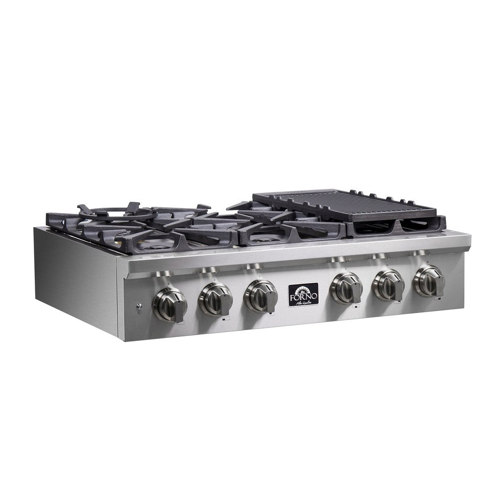 Forno Spezia 36 Inch 6 Burner Professional Gas Rangetop with Wok Ring & Griddle - Stainless Steel Commercial Cooktop (Model FCTGS5751 36) - Perfect for Restaurant Kitchens, Catering Services & Home Chef Cooking Stations