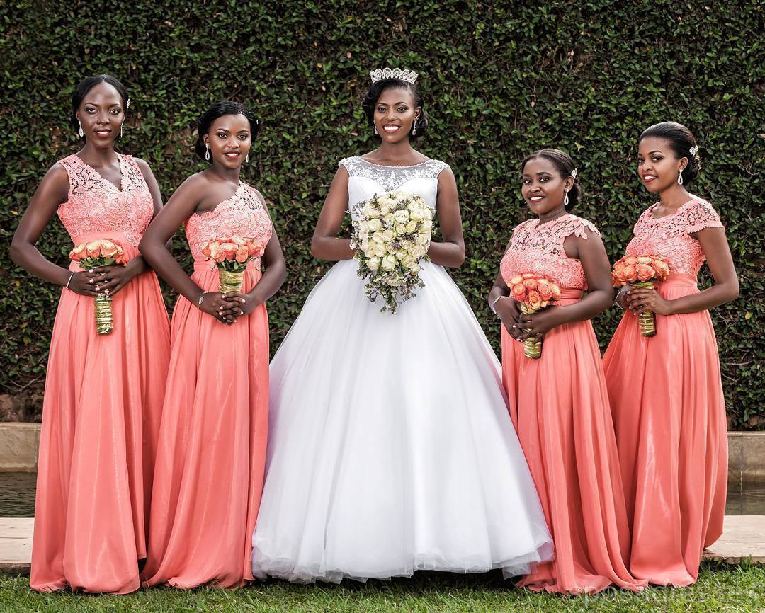 Elegant Peach Mismatched Lace Bodice Long Chiffon Bridesmaid Dresses - WG281 | Perfect for Wedding Party, Formal Events & Special Occasions