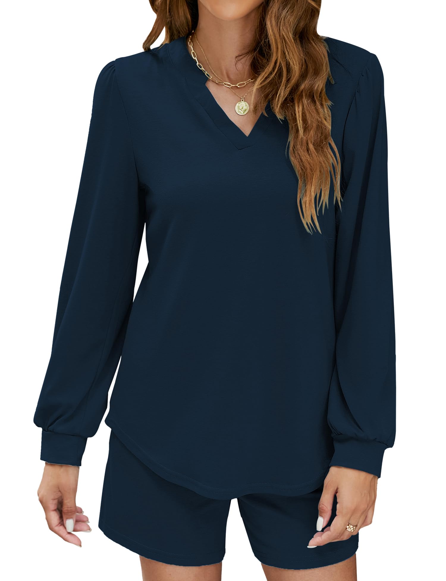 Women's Soft Long Sleeve V-Neck Pajama Set - Cozy Lounge Wear Sleepwear Set in Blue, Medium | Perfect for Relaxing at Home, Sleepovers & Comfortable Nighttime Wear