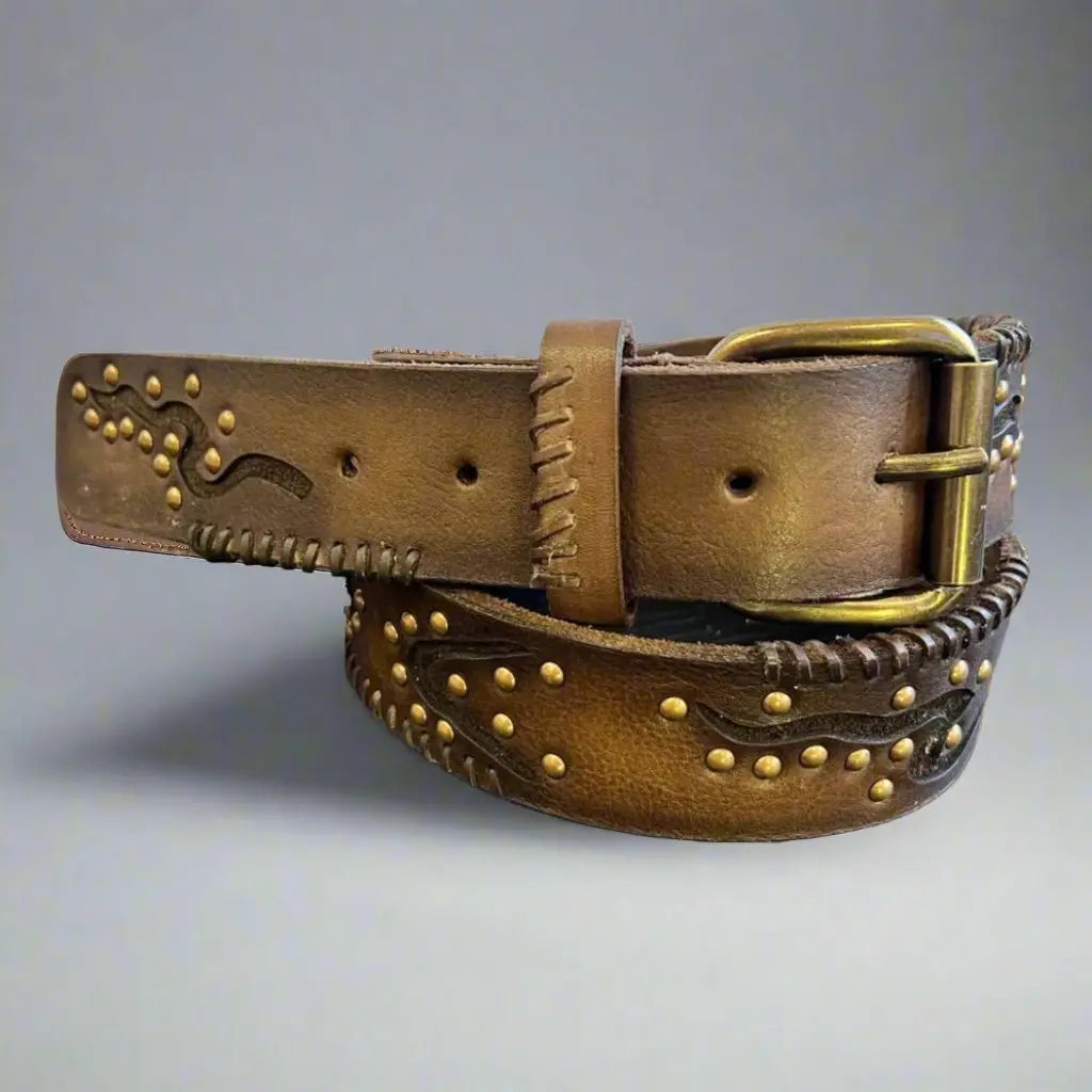 Premium Women's Full Grain Leather Belt with Geometric Embossing & Studs - Fashionable Accessory for Jeans, Dresses & Office Wear