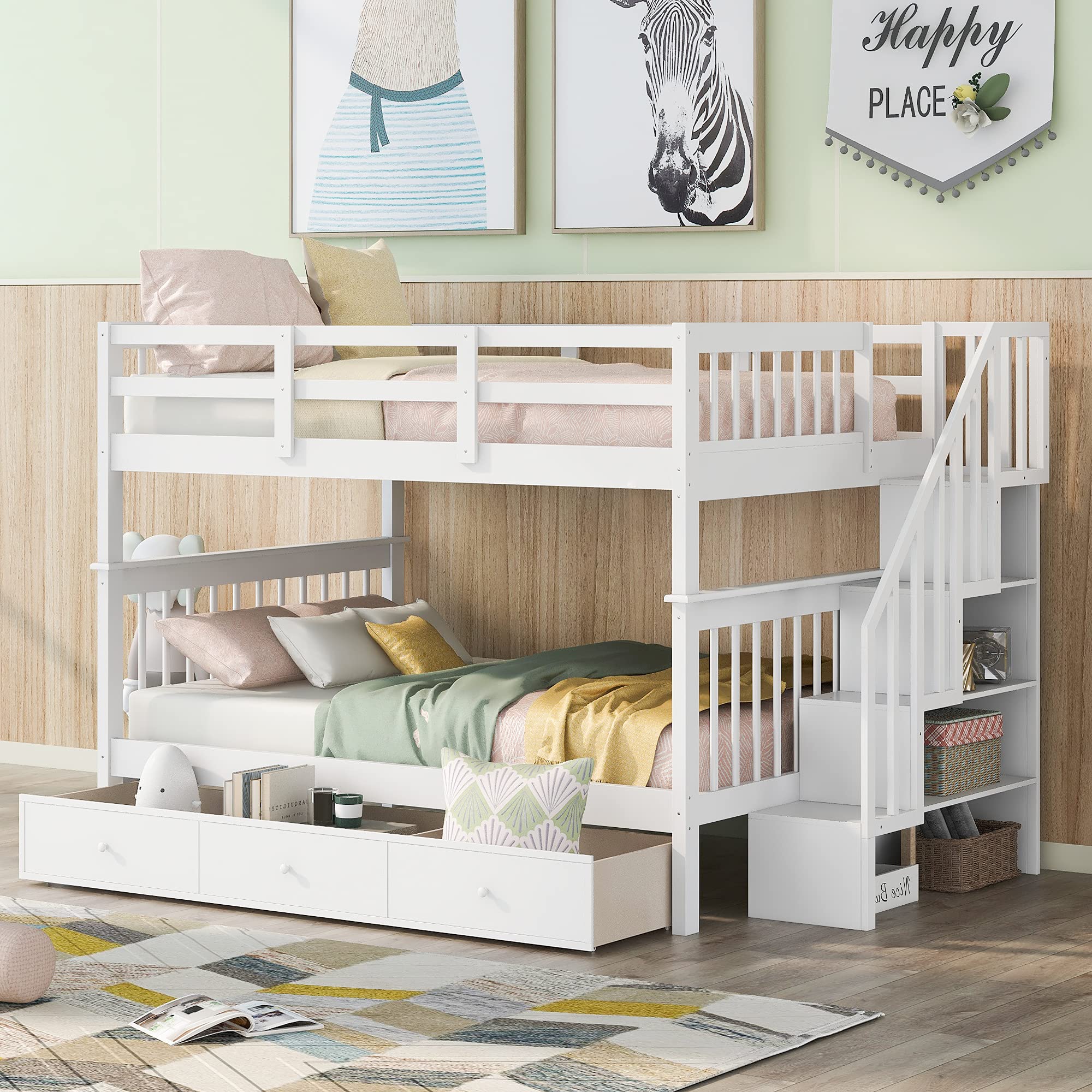 Harper & Bright Designs Full Over Full Bunk Bed with Storage Drawers & Stairway - Solid Wood Twin Bunk Bed for Kids, Teens & Adults - White - Perfect for Small Bedrooms, Guest Rooms & Vacation Homes