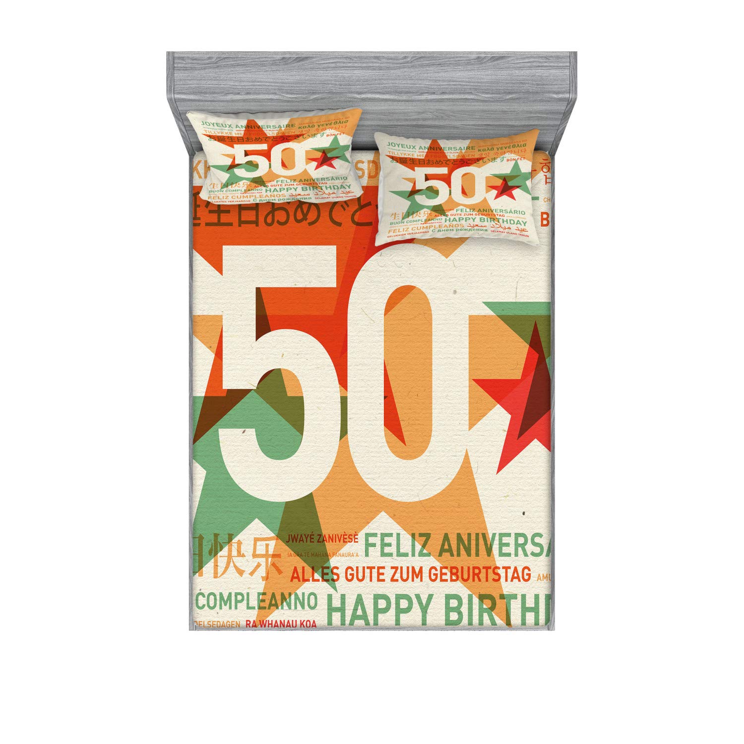 Ambesonne 50th Birthday Fitted Sheet & Pillow Sham Set - Multilingual Happy Birthday Retro Design with Stars Print, 3-Piece Decorative Bedding Set for Queen Size Bed in Green, Red & Orange - Perfect for Birthday Party Decorations & Themed Bedroom Makeovers