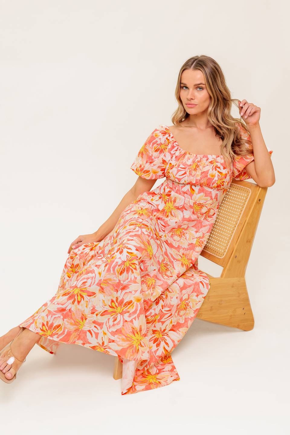 Island Flowers Puff Sleeve Midi Dress in Coral - Perfect for Summer Beach Vacations, Garden Parties & Boho Chic Outfits
