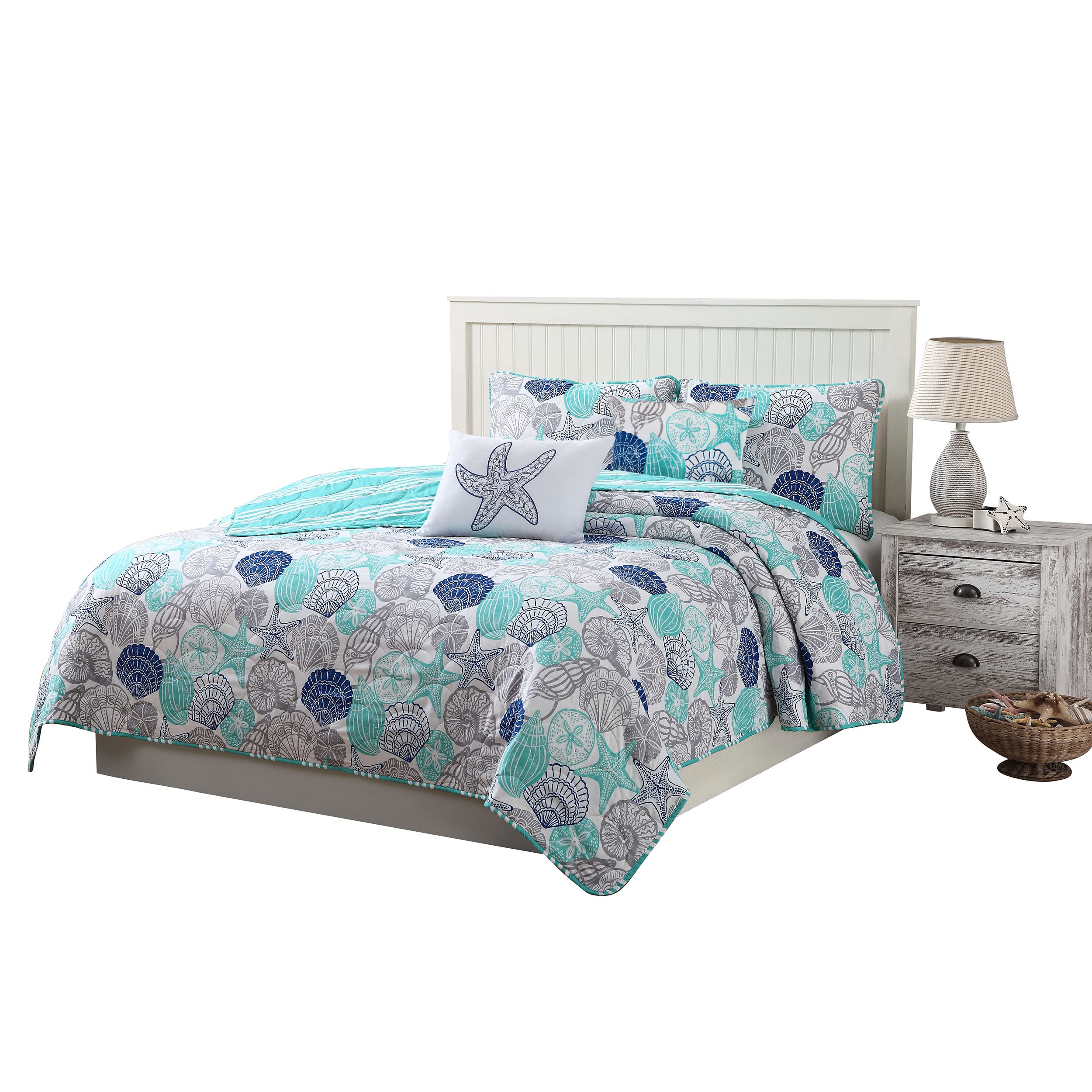 King Size Beach Quilt Set - Seashell & Starfish Coastal Bedding for Vacation Homes