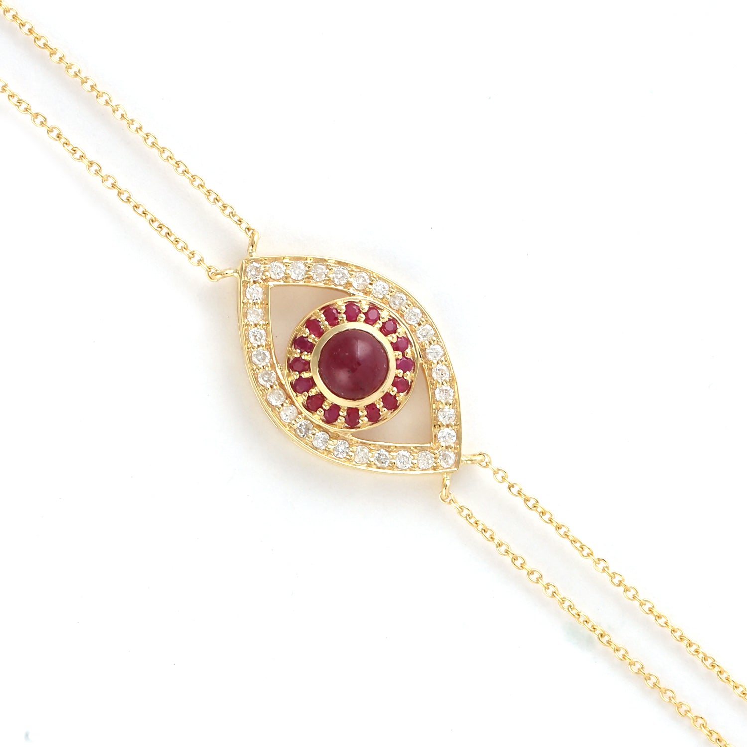 14K Yellow Gold Bezel Set Ruby Pave Diamond Evil Eye Bracelet - Adjustable & Flexible for Protection & Style - Perfect for Everyday Wear, Gifts & Spiritual Jewelry