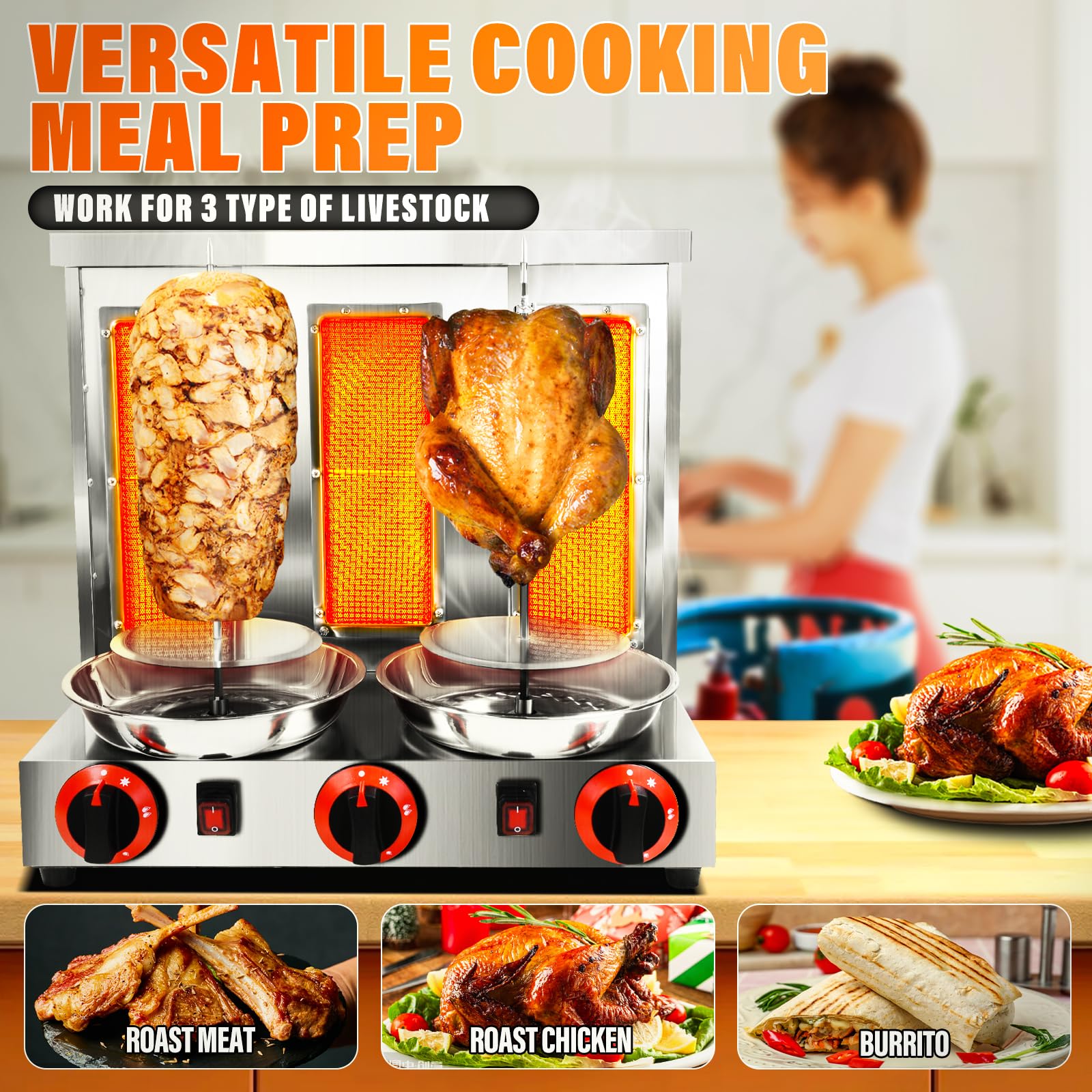 Commercial Vertical Rotisserie Grill - 3 Burner Shawarma Machine for Gyro, Turkish Kebab & Grilled Chicken (Silver) | Perfect for Restaurants, Food Trucks & Catering Businesses