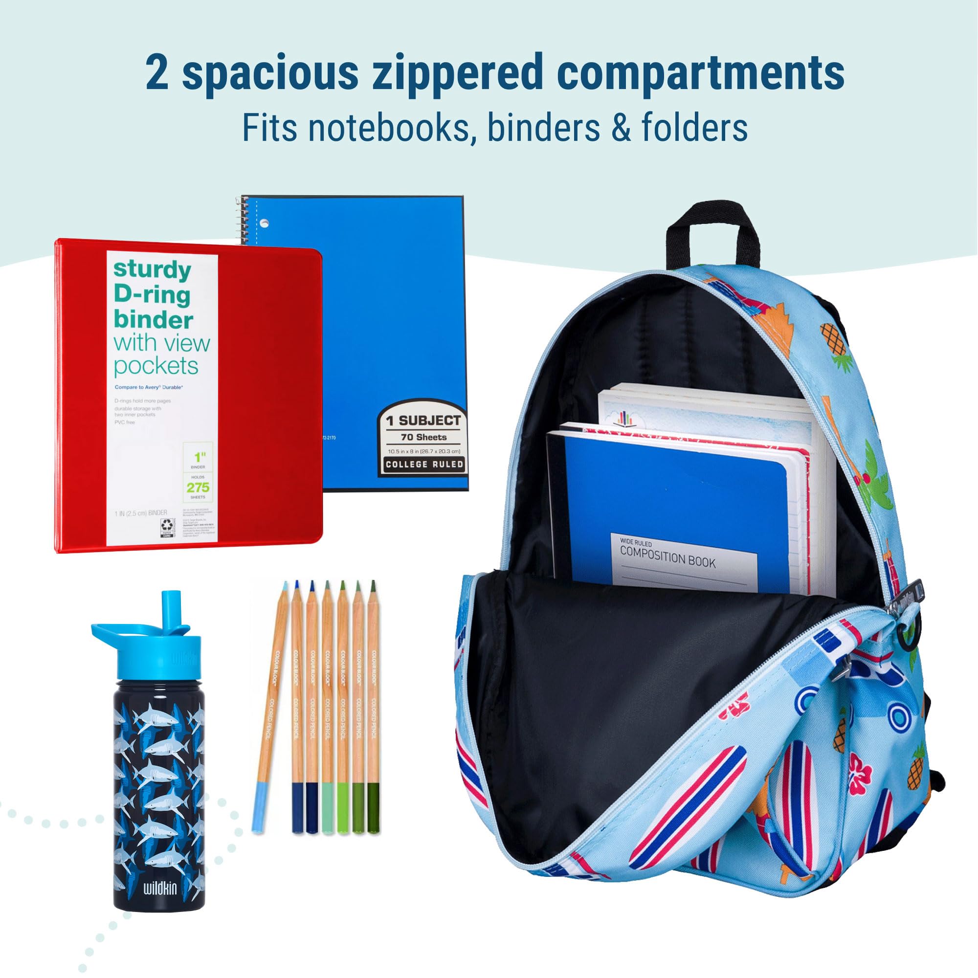Wildkin 15-inch Kids Backpack - Durable, Padded & Adjustable School Backpack for Boys & Girls - Perfect for School, Travel & Day Trips - Surf Shack Design