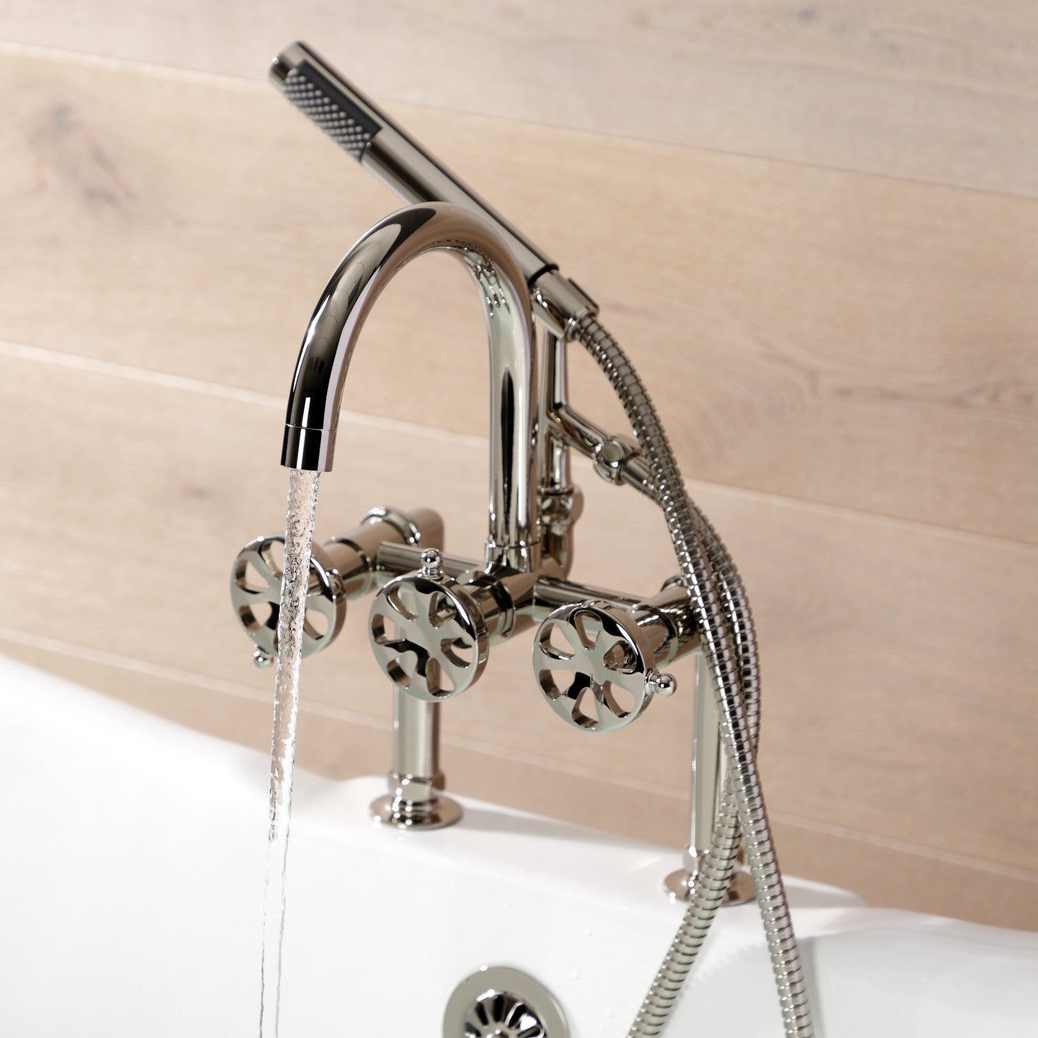 Belknap AE8106RX 3-Handle 2-Hole Deck Mount Clawfoot Bathtub Faucet with Hand Shower in Polished Nickel - Perfect for Vintage Bathroom Renovations and Luxury Spa Retreats
