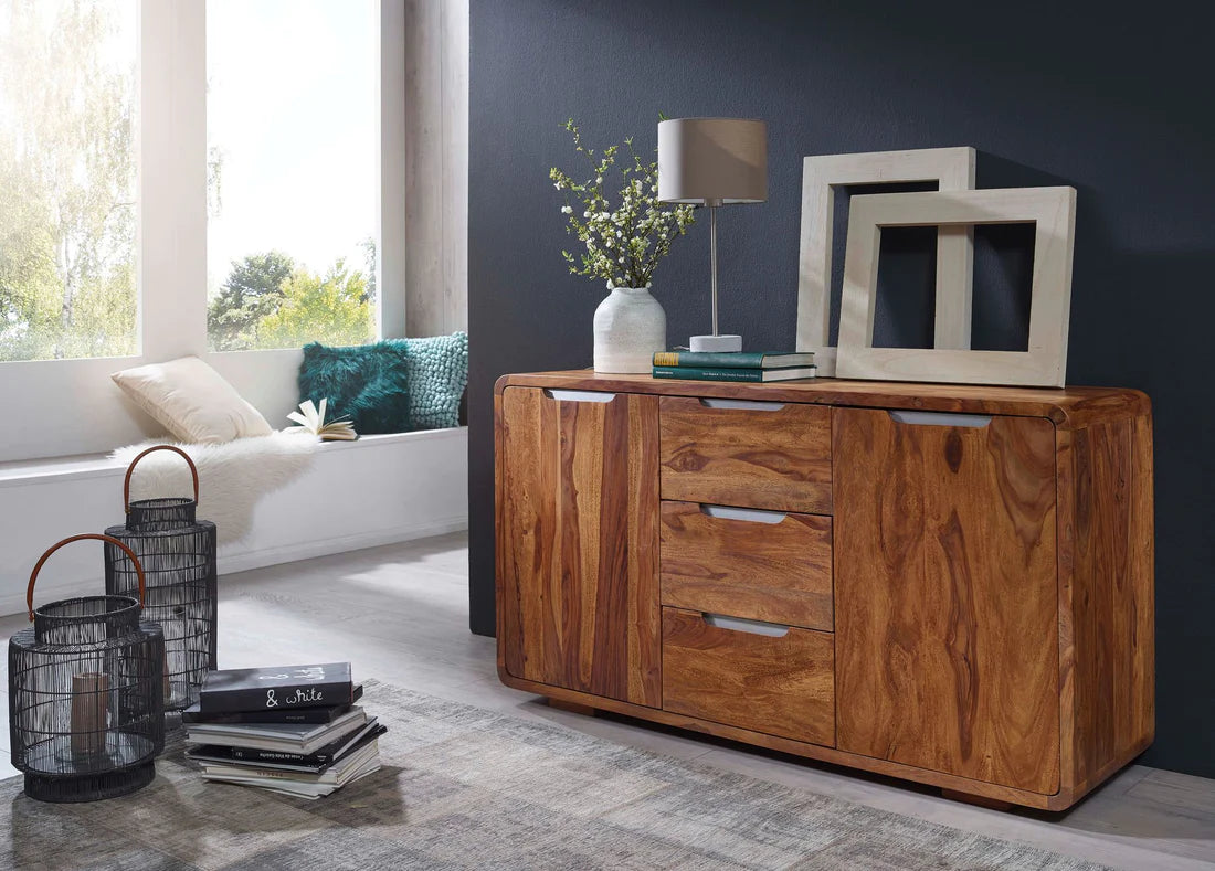 Gfine Solid Sheesham Wood Sideboard - 2 Doors & 3 Drawers, 130x43x70cm - Perfect for Living Room Storage & Dining Room Organization