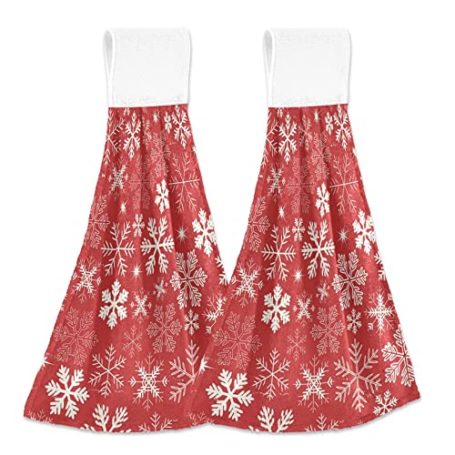 Christmas Snowflake Red Kitchen Hand Towels - Set of 2 Super Soft Absorbent Dishcloths with Hanging Ties | Holiday Home Decor for Kitchen, Bathroom & Christmas Toilet Decorations