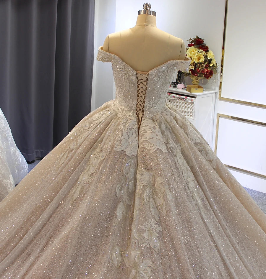 Elegant Off Shoulder Beaded Wedding Gown with Long Train - Perfect for Bridal Ceremonies, Vow Renewals & Formal Events