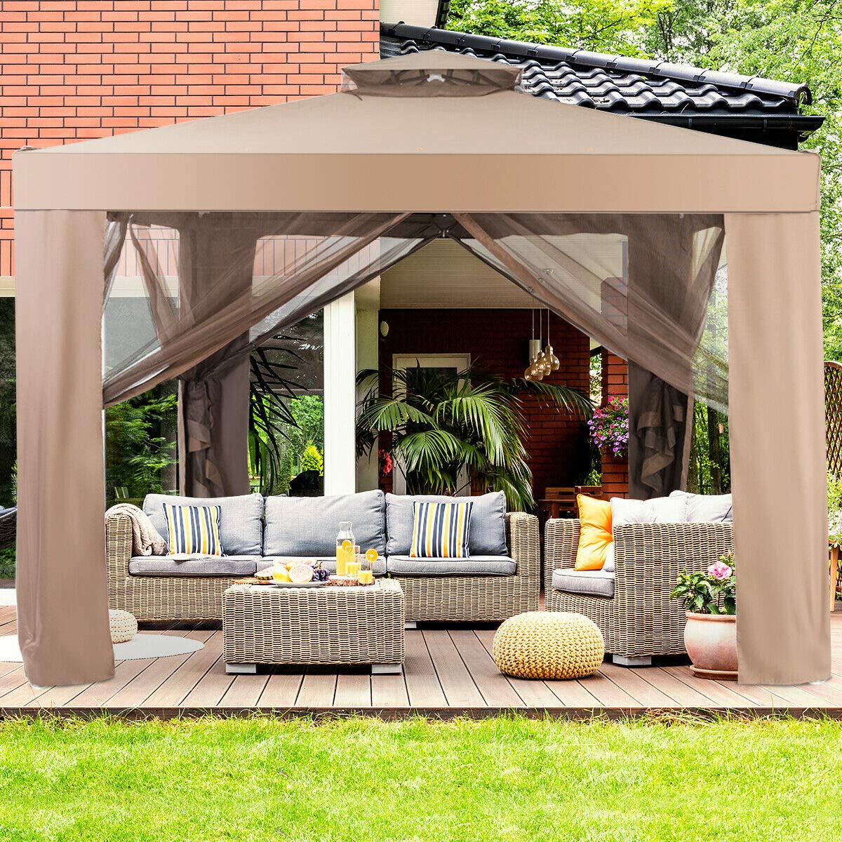 Tangkula 10x10 Ft Outdoor Gazebo with Netting - Brown Patio Canopy Tent for Garden, Lawn, and Backyard - Perfect for Outdoor Parties, BBQ Gatherings & Relaxing in Your Yard
