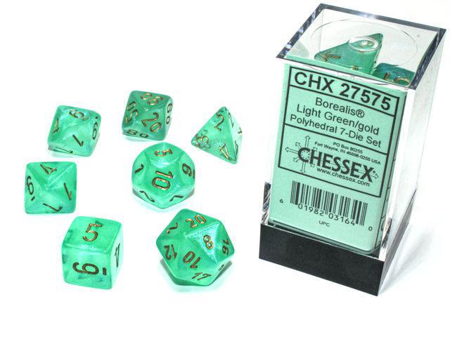 Borealis Light Green & Gold 7-Dice RPG Set for Dungeons & Dragons, Pathfinder, and Tabletop Gaming