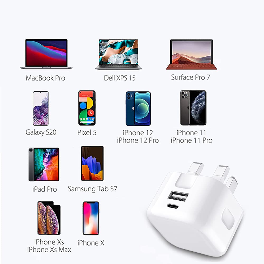 20W Fast Charger UK Plug - Dual USB-C Ports for iPhone SE 2022/SE 2020/SE/XS/XS Max/XR/X/8/8 Plus/7/7 Plus/6/6s/5/5s/5c - White Power Adapter | Perfect for Home, Office & Travel Charging
