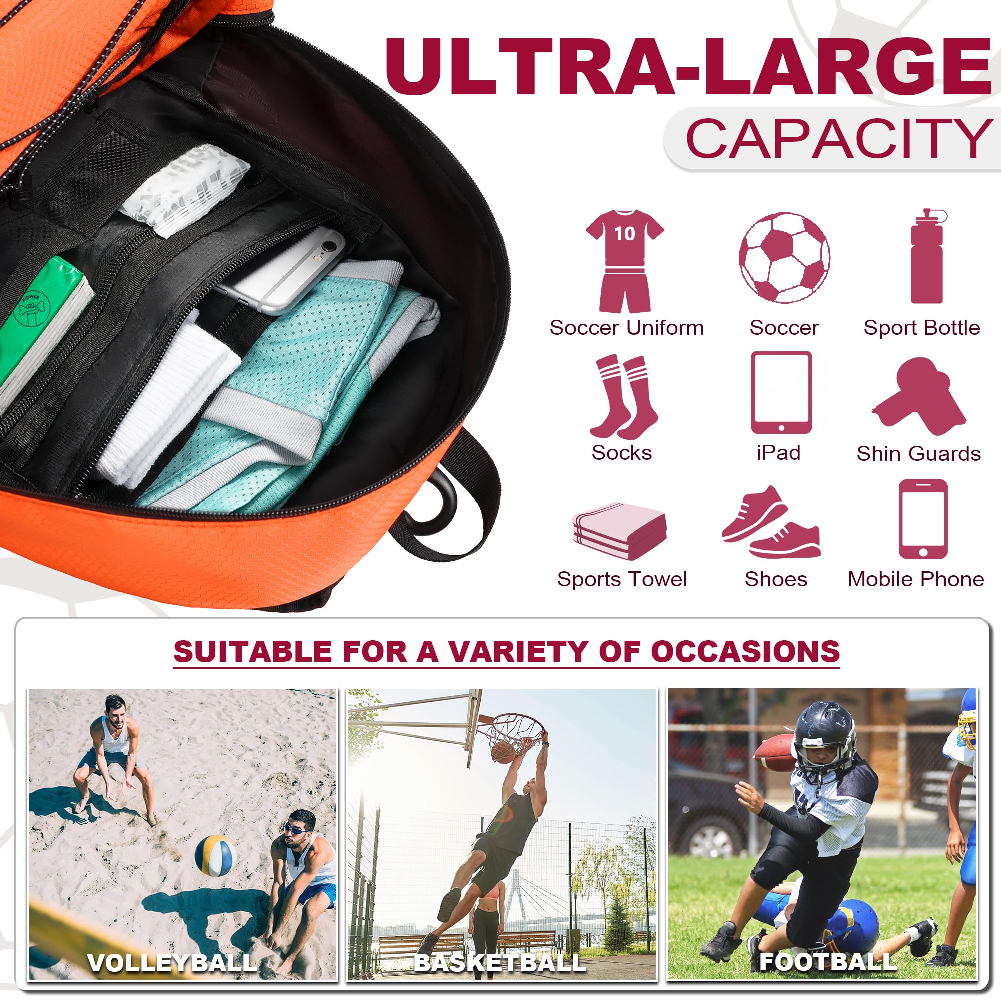 Himal Outdoors Soccer Backpack - Waterproof Sports Bag for Football, Volleyball & Handball with Separate Cleat & Ball Compartments | Perfect for Training, Games & Travel (Orange)