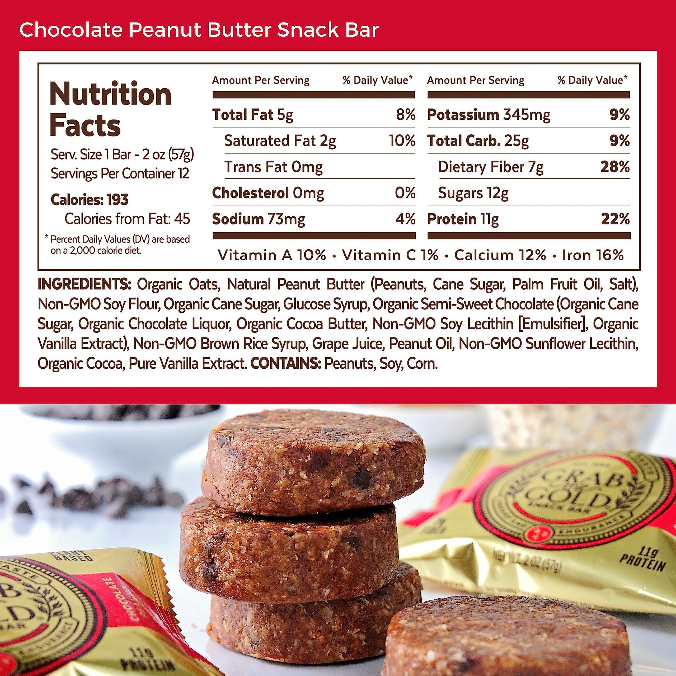 Grab The Gold Organic Snack Bars - Gluten Free, Vegan, Kosher, Dairy Free Protein Bars with 11g Protein - Chocolate Peanut Butter Flavor (14 Count) | Healthy On-the-Go Snacks for Workouts, Hiking & Office