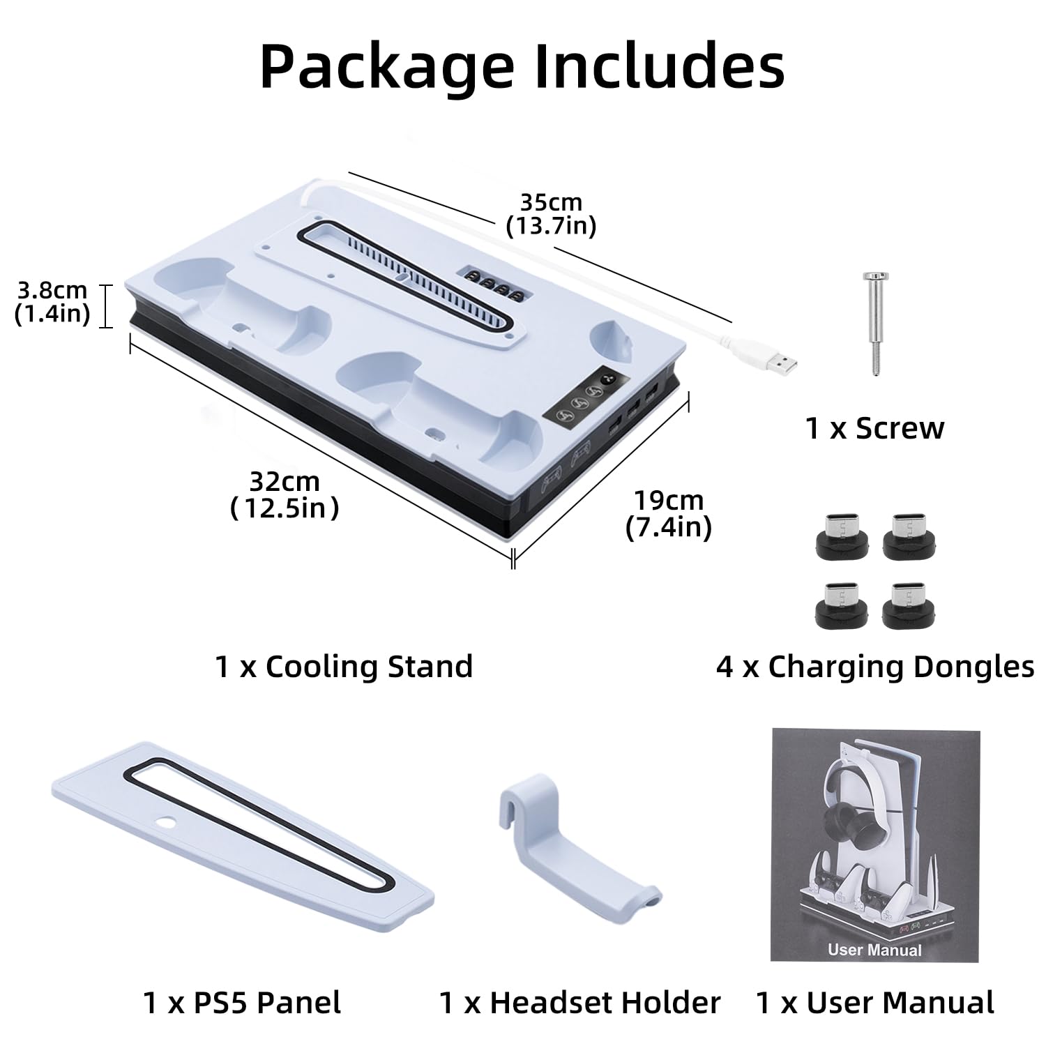 PS5 Cooling Stand with Dual Controller Charger & Headset Holder - Compatible with PS5 Slim/Pro/UHD/Digital Edition - 3 USB Ports & Enhanced Airflow Cooling Station - Perfect for Gaming Marathons & Console Protection (White)