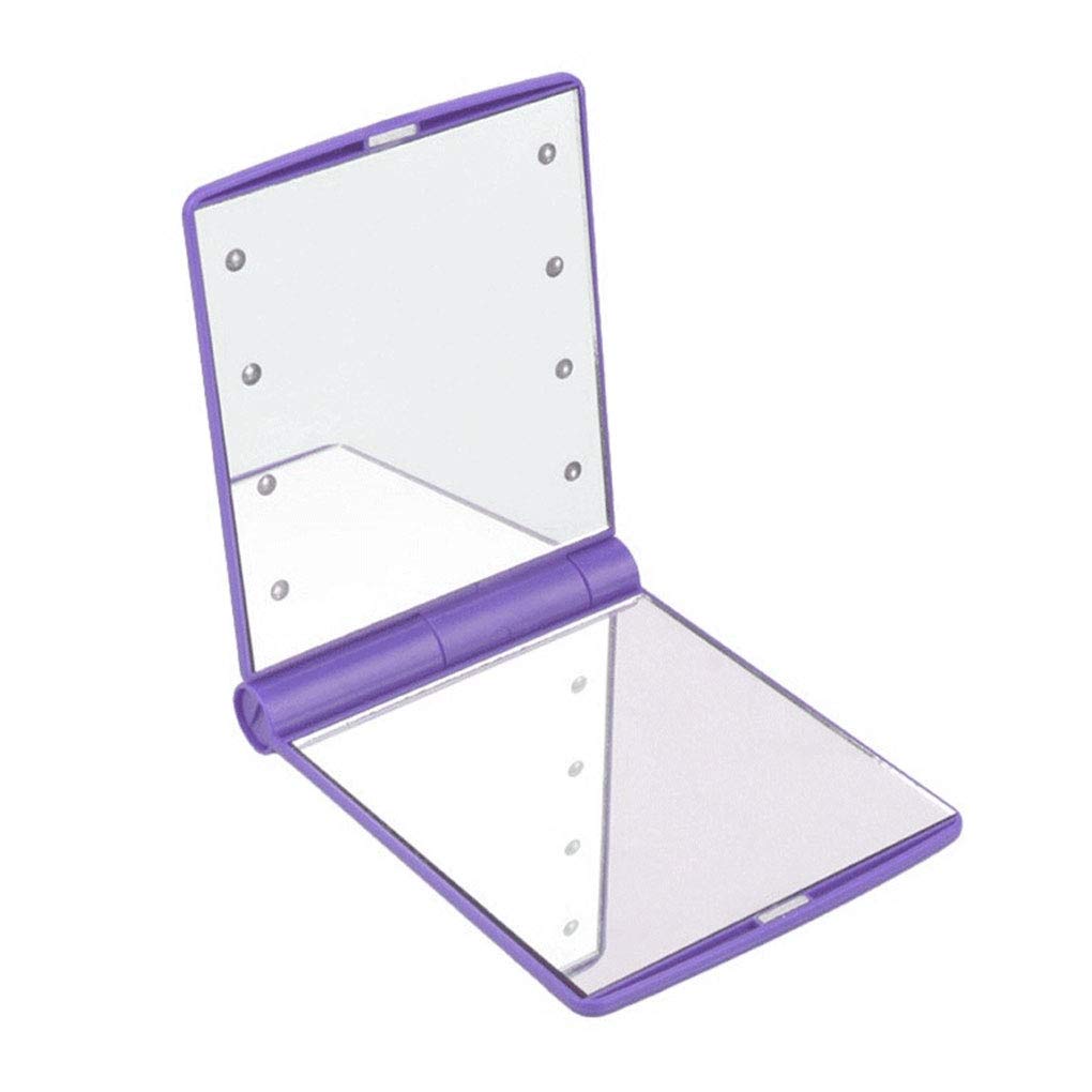 Mpowtech Portable LED Lighted Travel Makeup Mirror - 8 Adjustable LED Lights, Folding Compact Design for Purse & Pocket | Perfect for Travel, Home Vanity & On-the-Go Touchups (Purple)