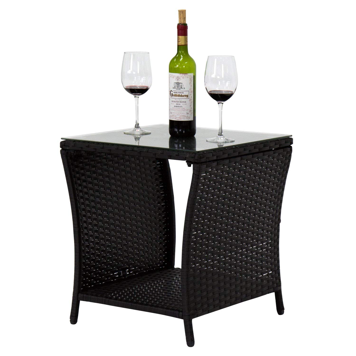 Kintness Black Outdoor Square Wicker Rattan Side Table with Glass Top & Storage - Patio Furniture for Garden, Balcony, and Poolside Decor (Black)