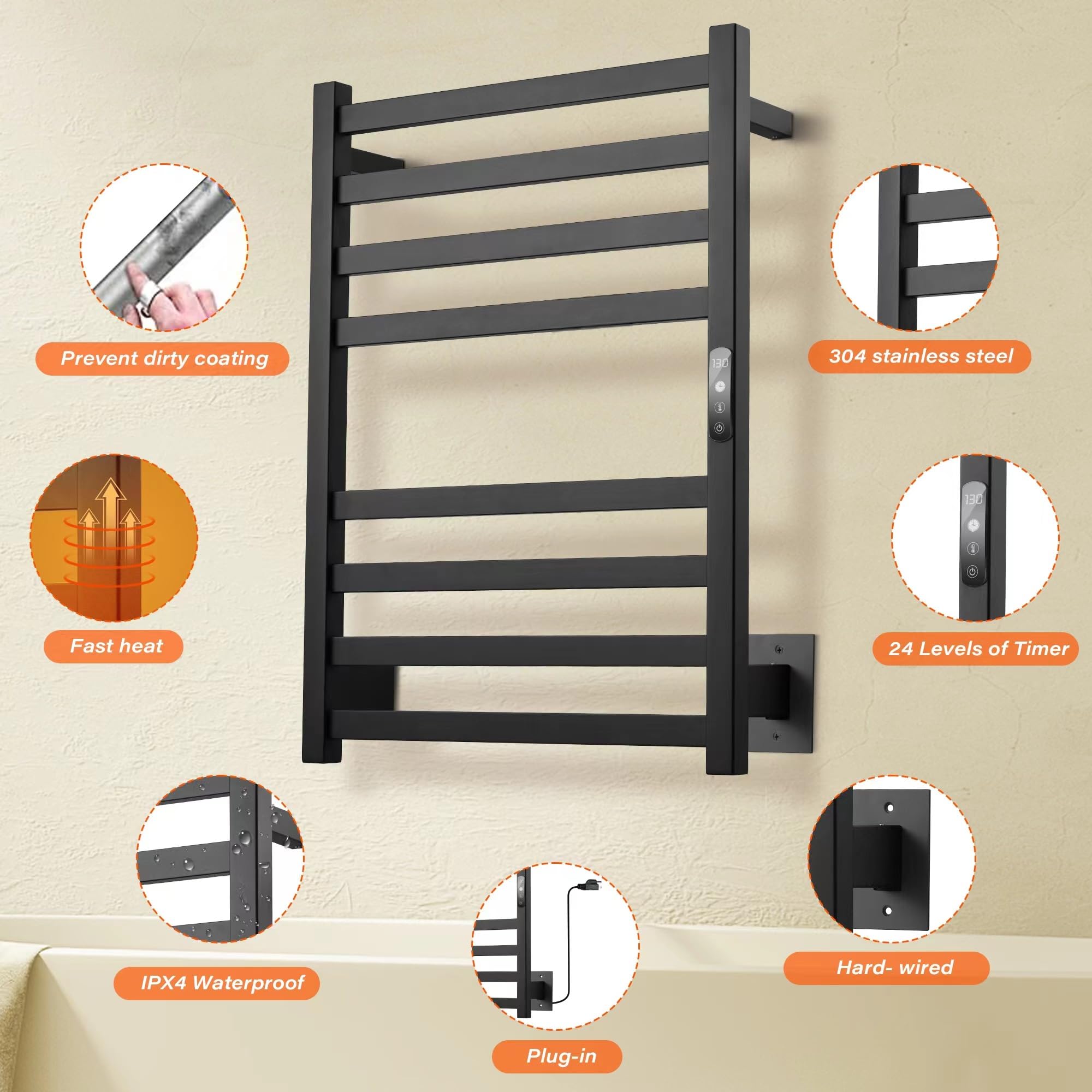 Premium Electric Towel Warmer - Wall Mounted 8-Bar Heated Towel Rack with Timer & Temperature Control (304 Stainless Steel) - Perfect for Bathroom, Spa, and Luxury Home Use