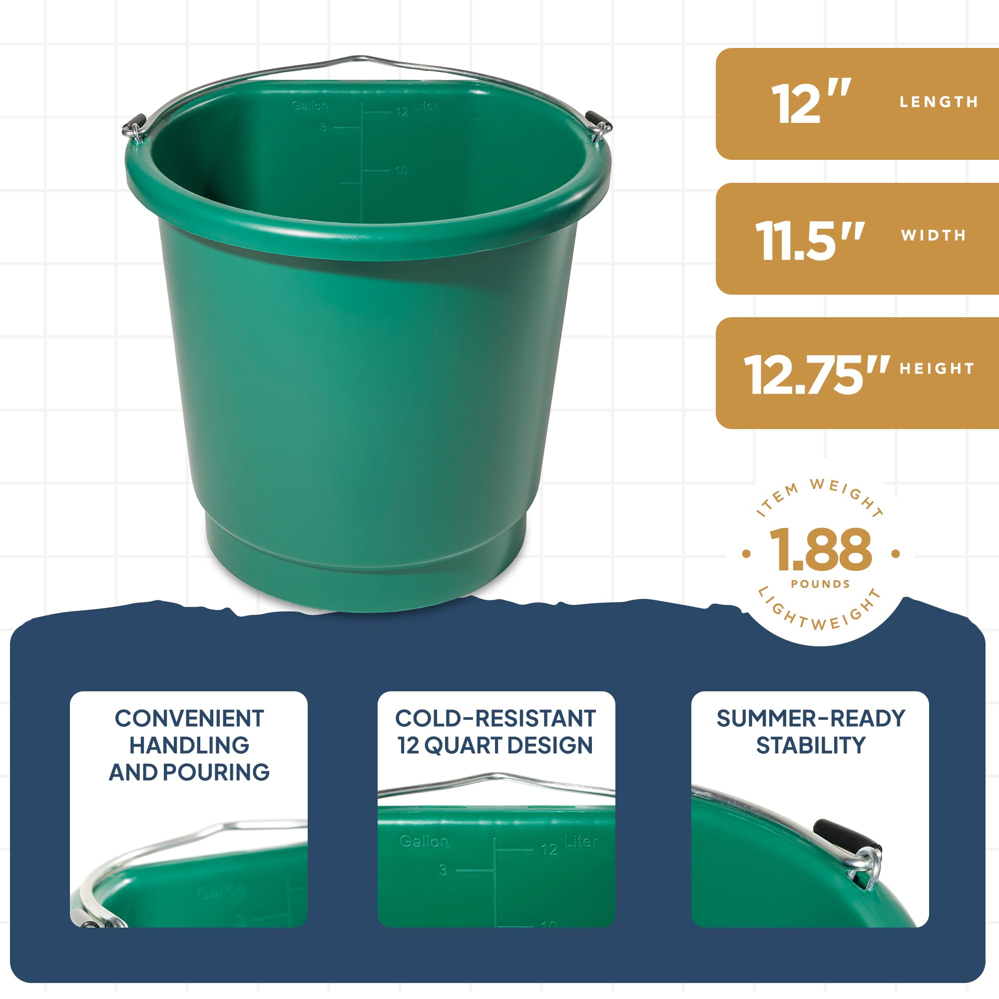 Farm Innovators 3 Gallon Heated Bucket with Thermostat - Green Plastic Flat Back Design, Metal Handle & Hidden Cord Storage - 70W (3 Pack) for Livestock Watering, Winter Pet Care & Outdoor Animal Hydration