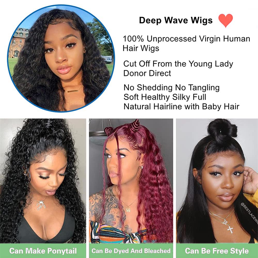 Aomllute 13x4 HD Deep Wave Lace Front Wigs Human Hair - Pre Plucked Curly Human Hair Lace Frontal Wigs for Women - 180% Density Glueless Wig with Baby Hair - 26 Inch Natural Black (Perfect for Daily Wear, Cosplay & Special Occasions)