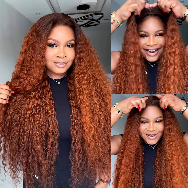 Eullair Dark Ginger Kinky Curly Lace Frontal Wig with Dark Brown Roots - Pre-Colored Glueless Human Hair Wig for Women | Natural Look for Parties, Weddings & Daily Wear