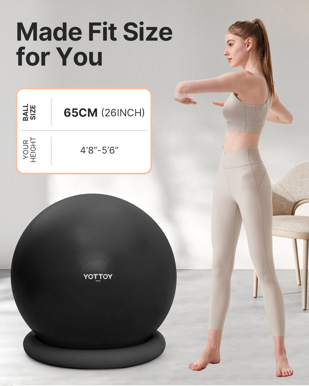 YOTTOY Exercise Ball Chair with Base - Yoga Stability Ball Chair for Home & Office Desk, Fitness Ball Seat with Pump (Black, 23-26 inches/58-65cm) - Perfect for Ergonomic Sitting, Yoga & Workout at Home or Office