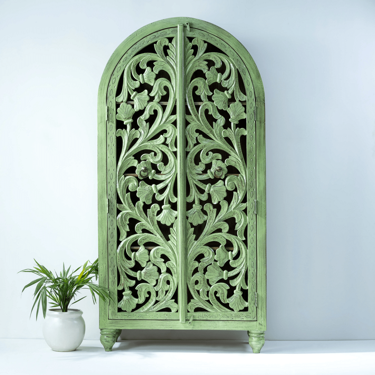 Hand Carved Solid Wooden Tall Cupboard in Green - Vintage Style Storage Cabinet for Living Room, Bedroom & Kitchen Organization