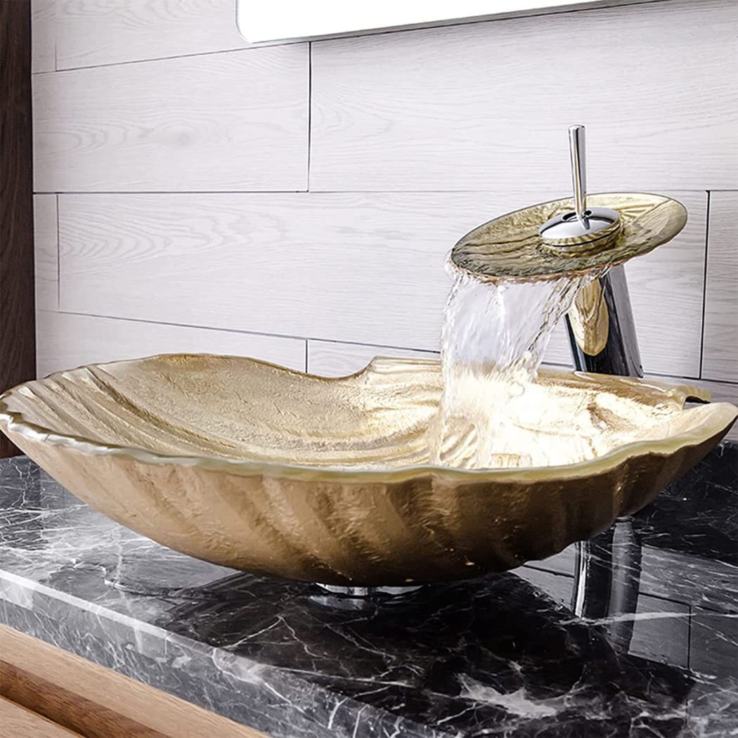 Gold Shell-Shaped Tempered Glass Vessel Sink for Bathroom - Artistic Above Counter Bathroom Sink with Waterfall Faucet & Drain - Perfect for Modern Vanities, Spa-Like Bathrooms & Luxury Home Decor