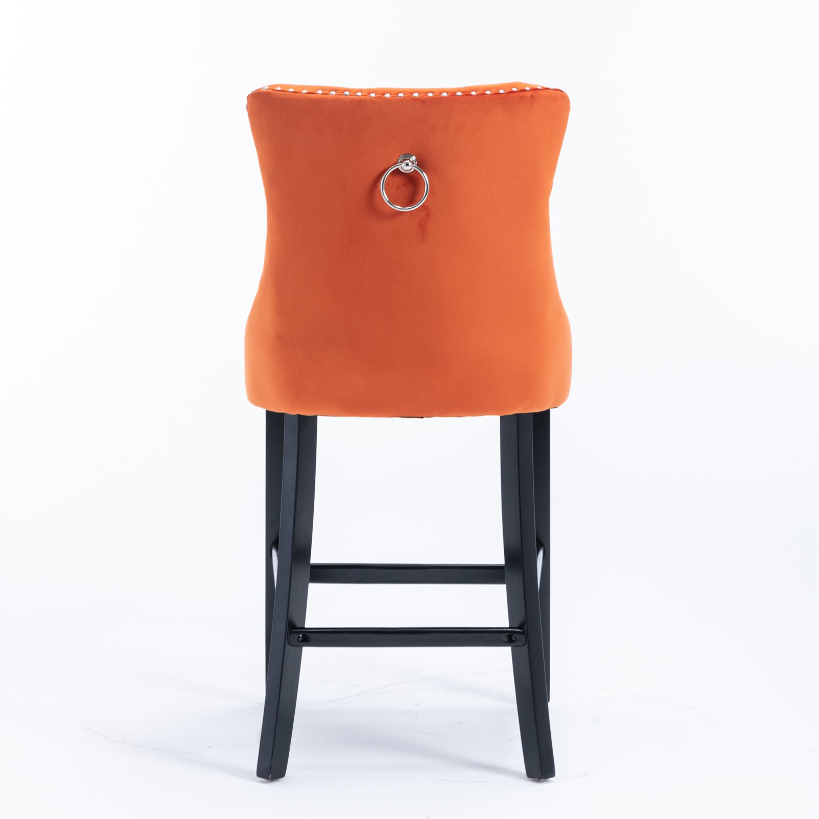 Luxury Velvet Bar Stools Set of 2 - Modern Button Tufted Bar Chairs with Wooden Legs & Chrome Nailhead Trim - Orange Upholstered Counter Stools for Kitchen Island, Home Bar & Dining Room Decor