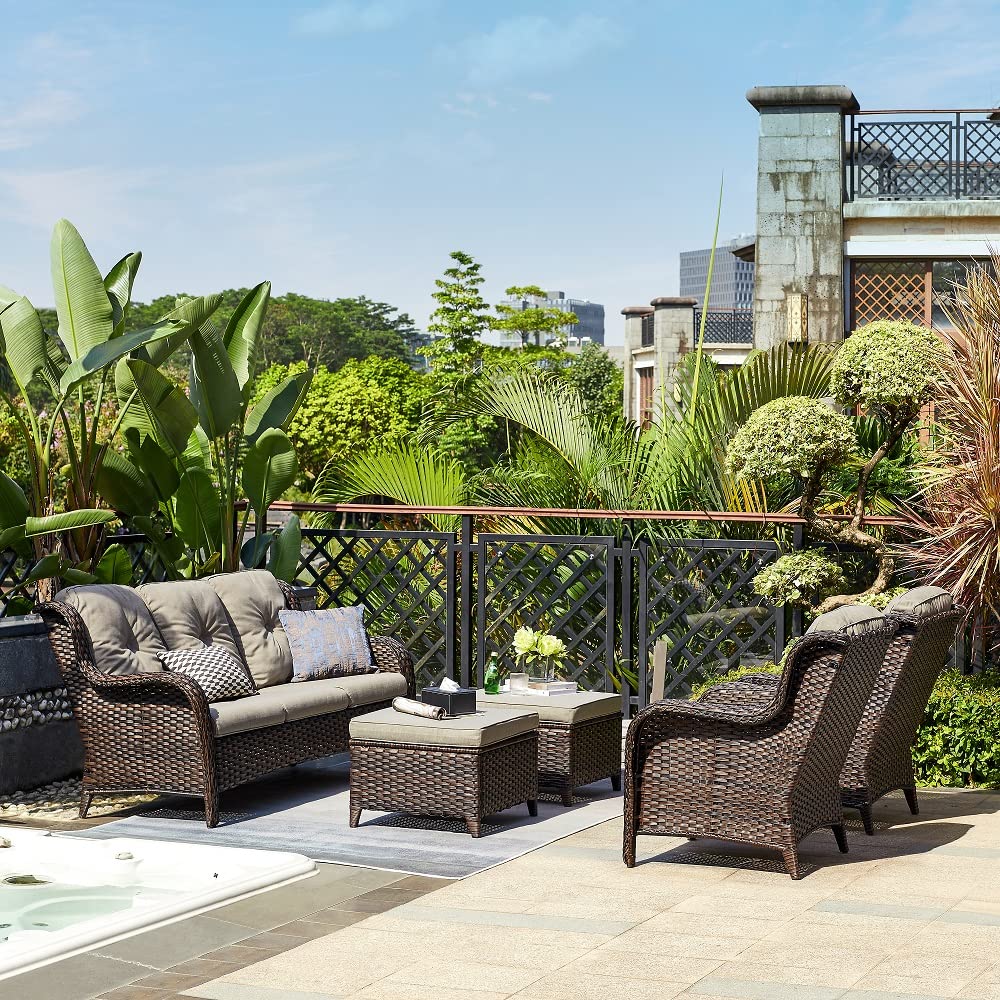 HUMMUH 5-Piece Outdoor Patio Furniture Set - All-Weather Wicker Sectional Sofa with 2 Chairs & Ottomans for Backyard, Poolside, and Garden Relaxation