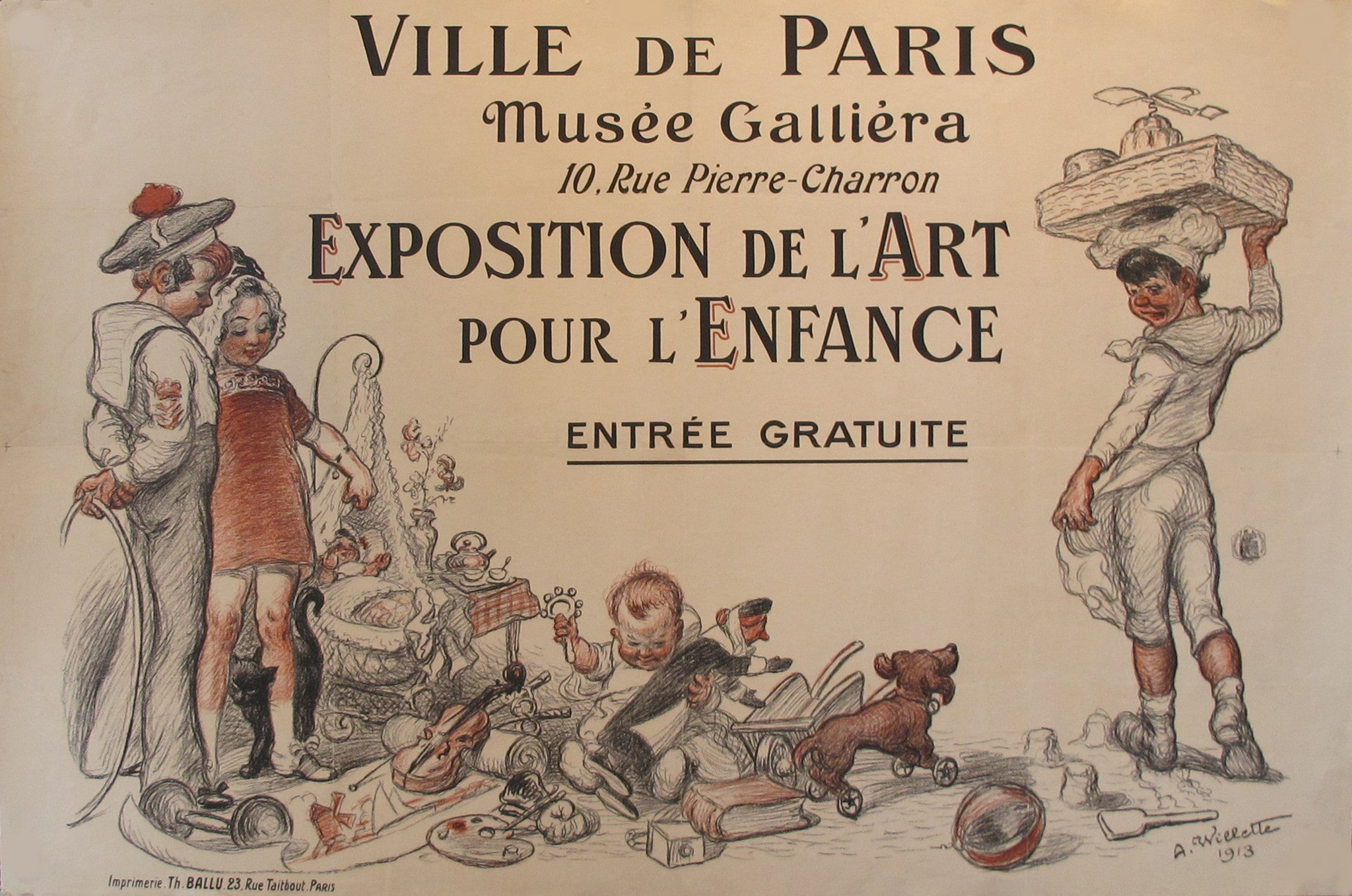 1913 Original French Art Deco Poster - Expo De L'art Pour L'Enfance by Willette | Vintage Nursery Decor, Kids Room Wall Art, Collectible Antique Print