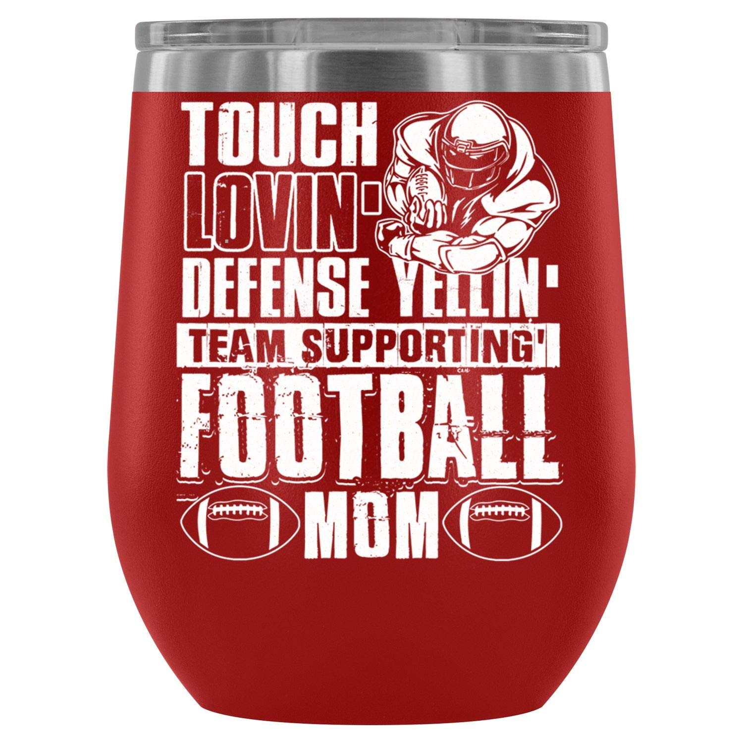 Football Mom Stemless Wine Tumbler with Lid - 12oz Insulated Steel Cup for Wine, Coffee & Drinks - Perfect for Game Day, Parties & Gifts (Red)